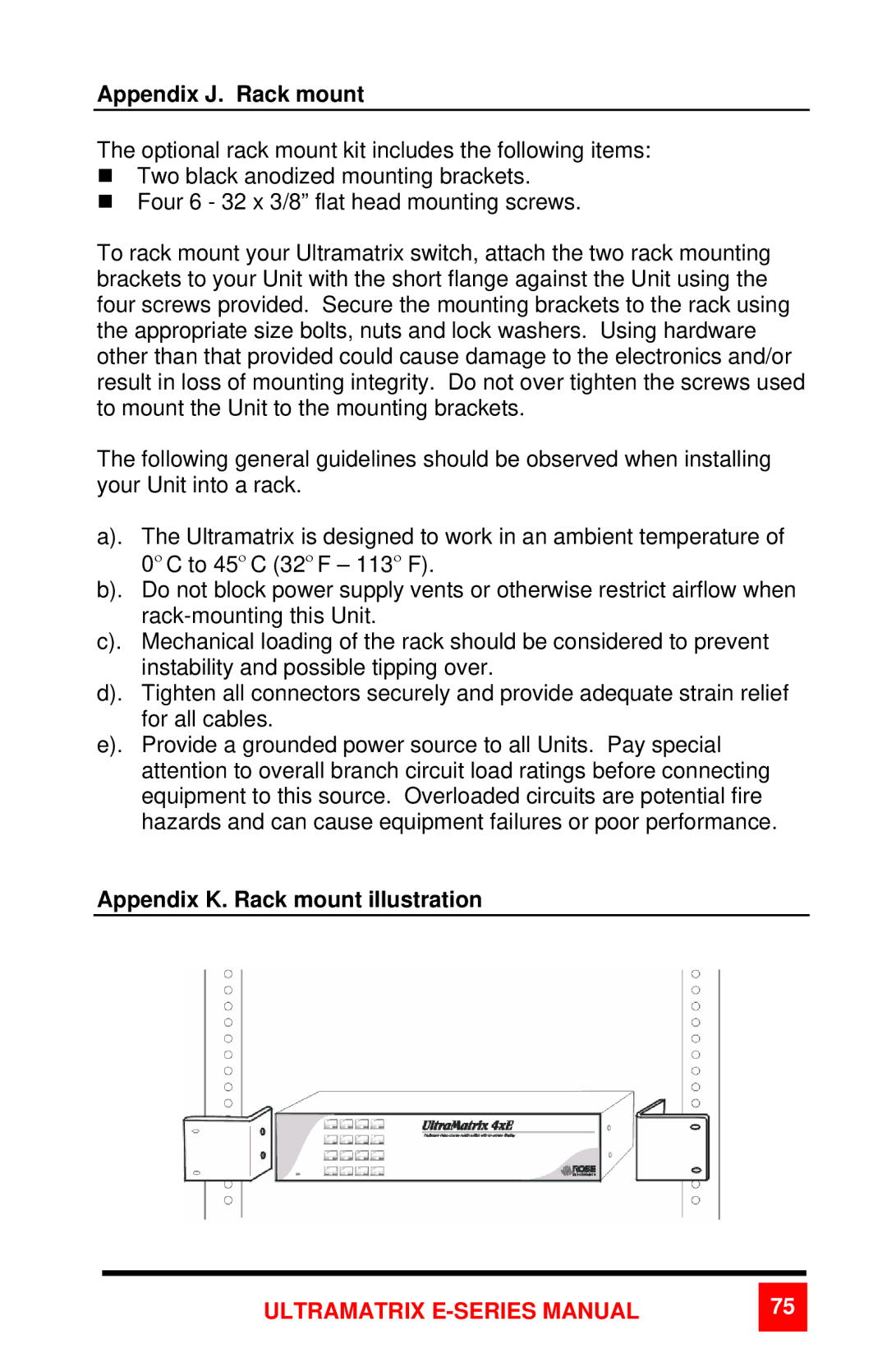 Rose electronic 2xE manual Appendix J. Rack mount, Appendix K. Rack mount illustration 