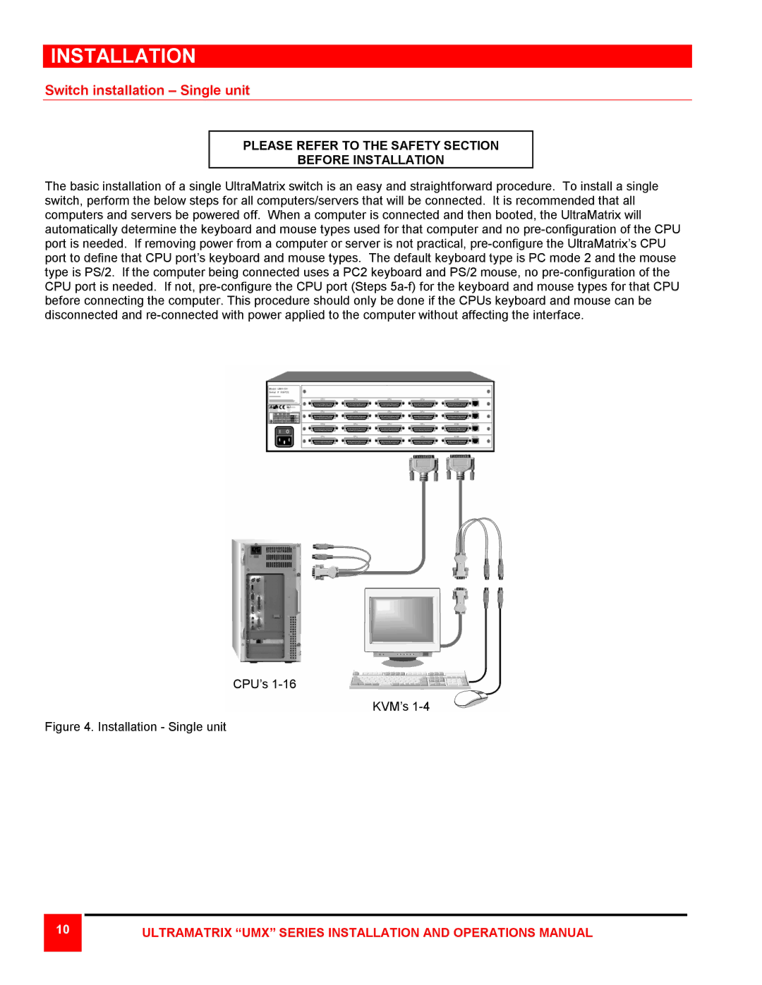 Rose electronic 4X, 8X, 16X manual Installation, Switch installation Single unit 