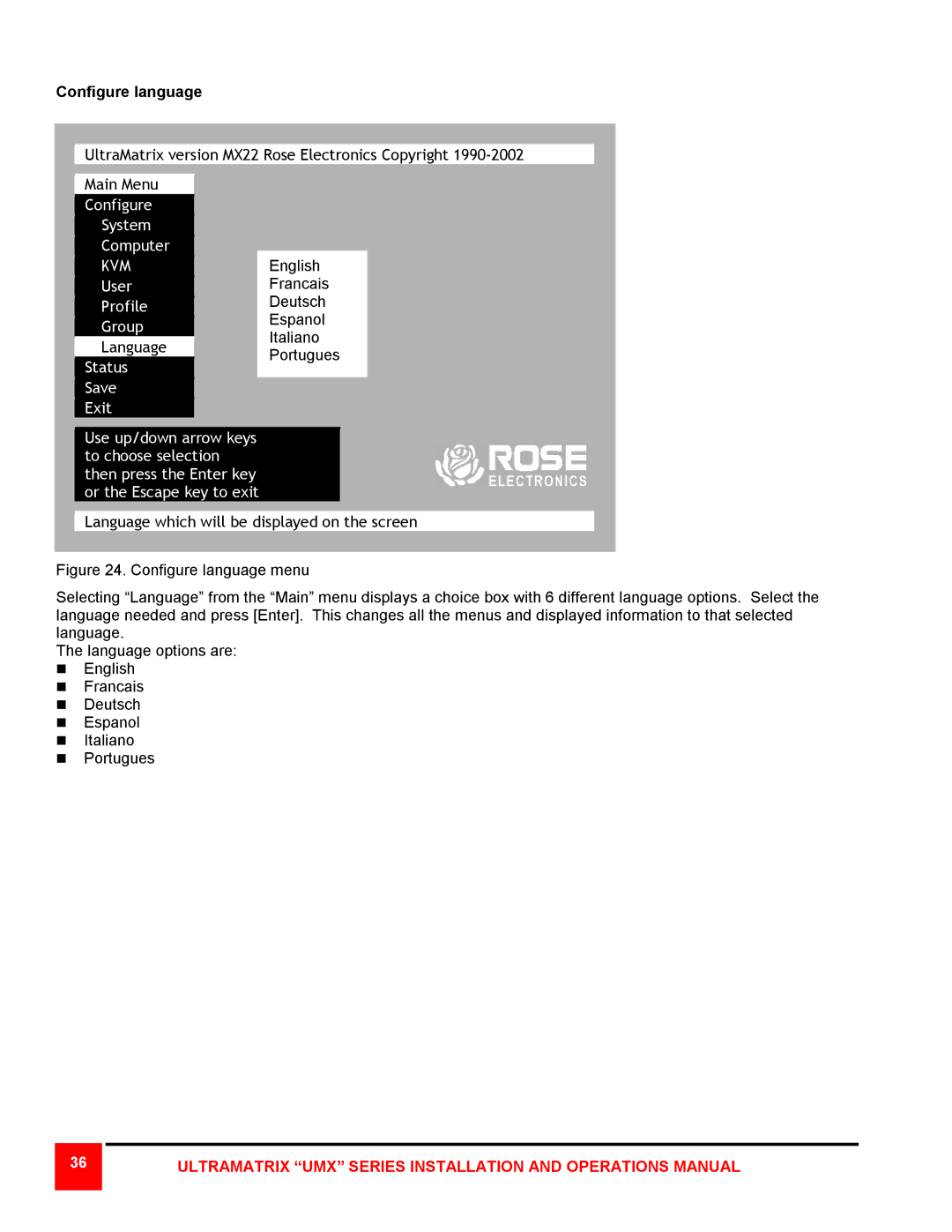 Rose electronic 8X, 4X, 16X manual Main Menu Configure System Computer 