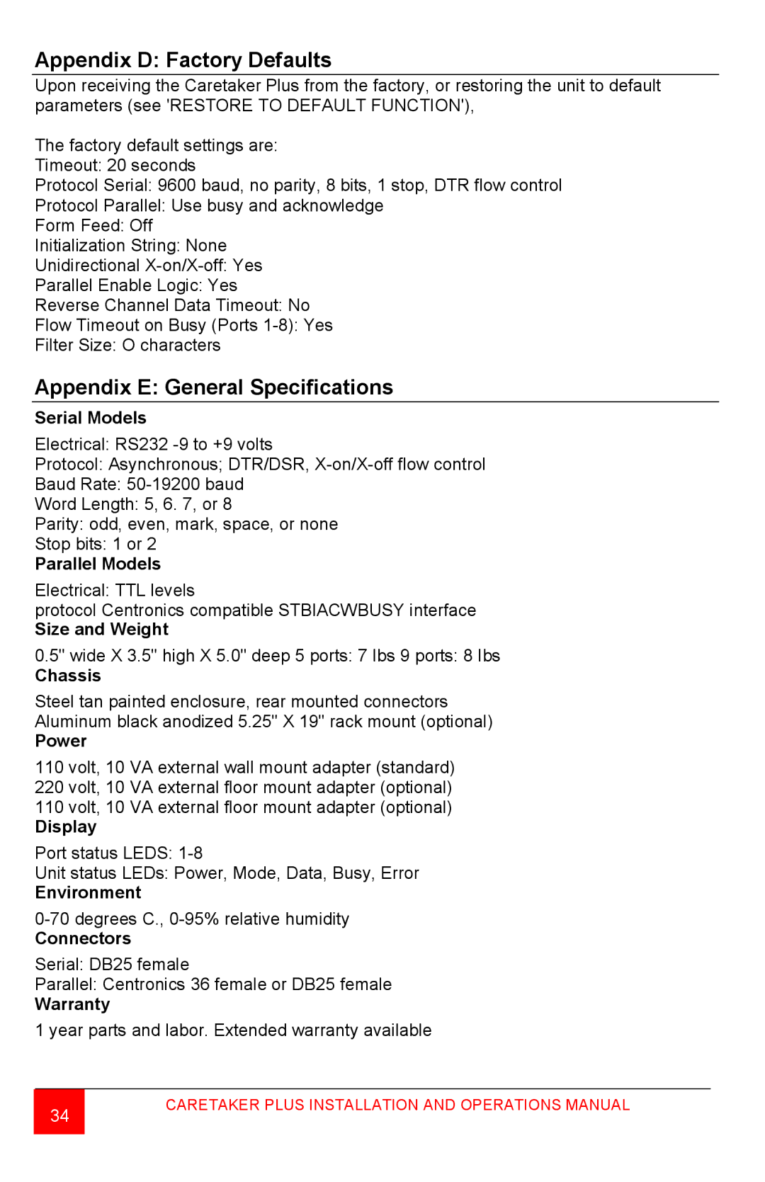 Rose electronic Automatic Switch manual Appendix D Factory Defaults, Appendix E General Specifications 