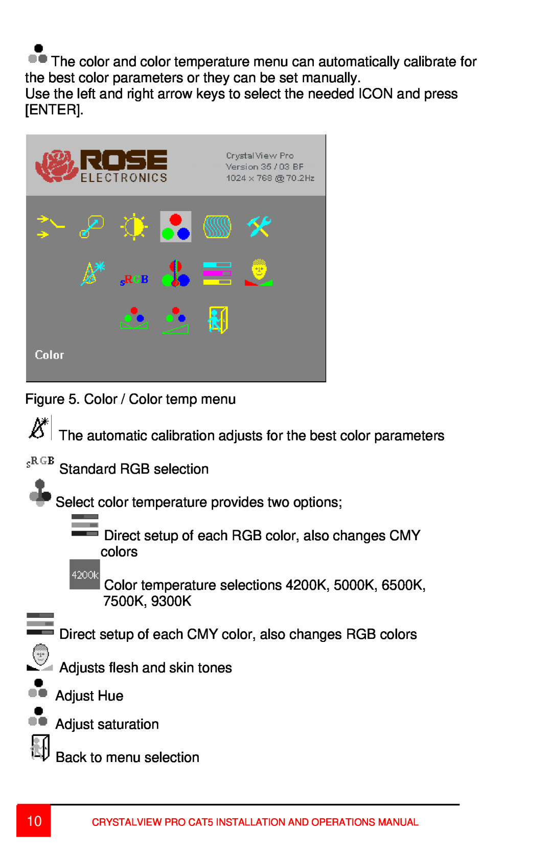 Rose electronic CAT5 manual Color / Color temp menu 