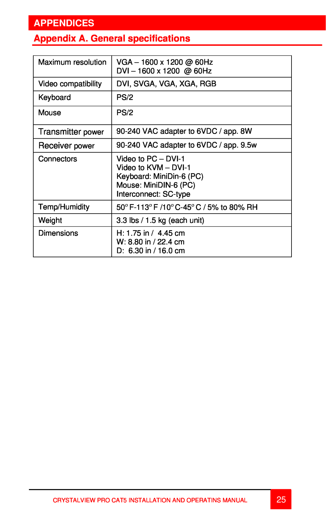 Rose electronic CAT5 manual Appendices, Appendix A. General specifications 