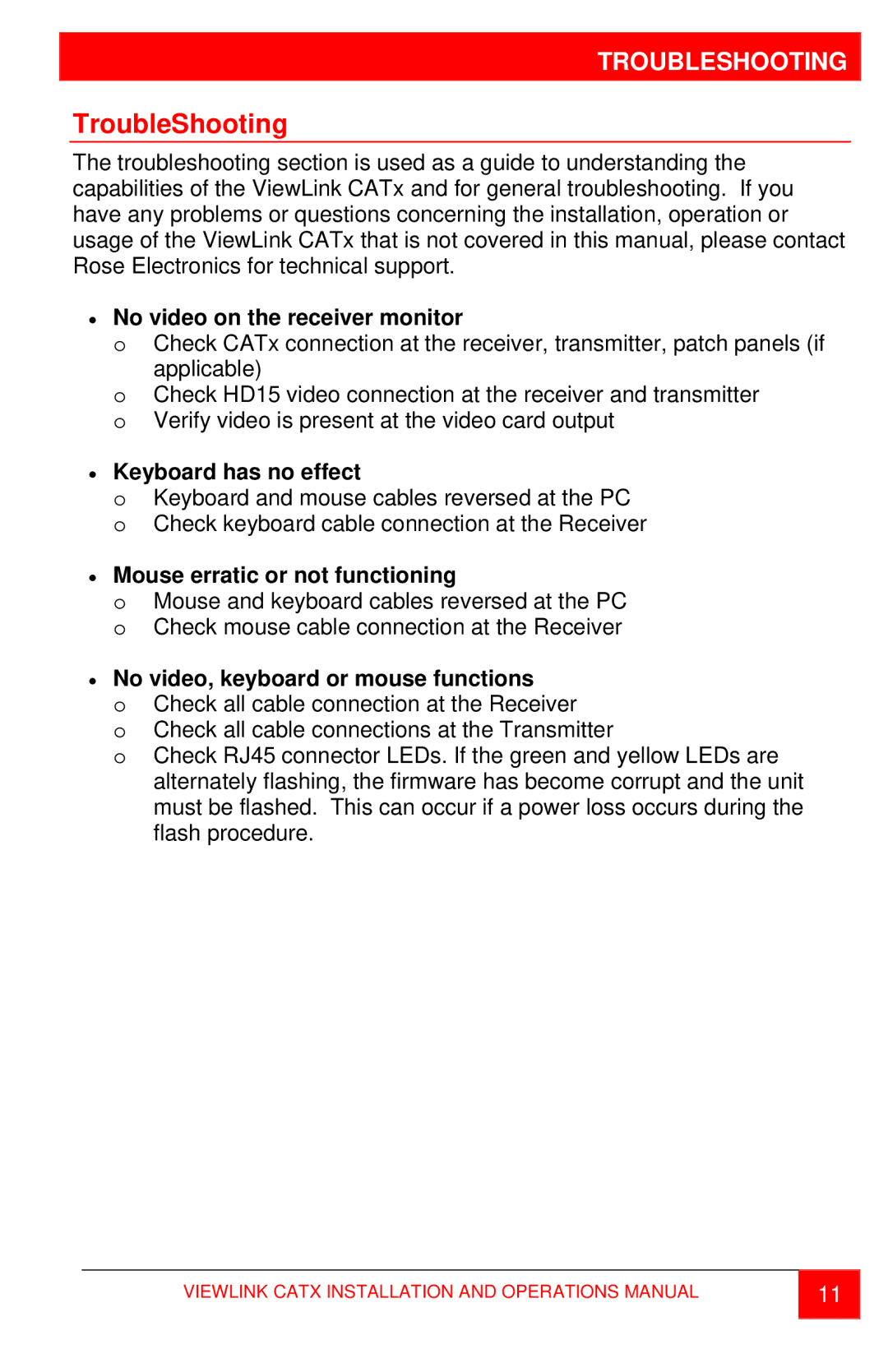 Rose electronic CATx manual TroubleShooting, Troubleshooting 