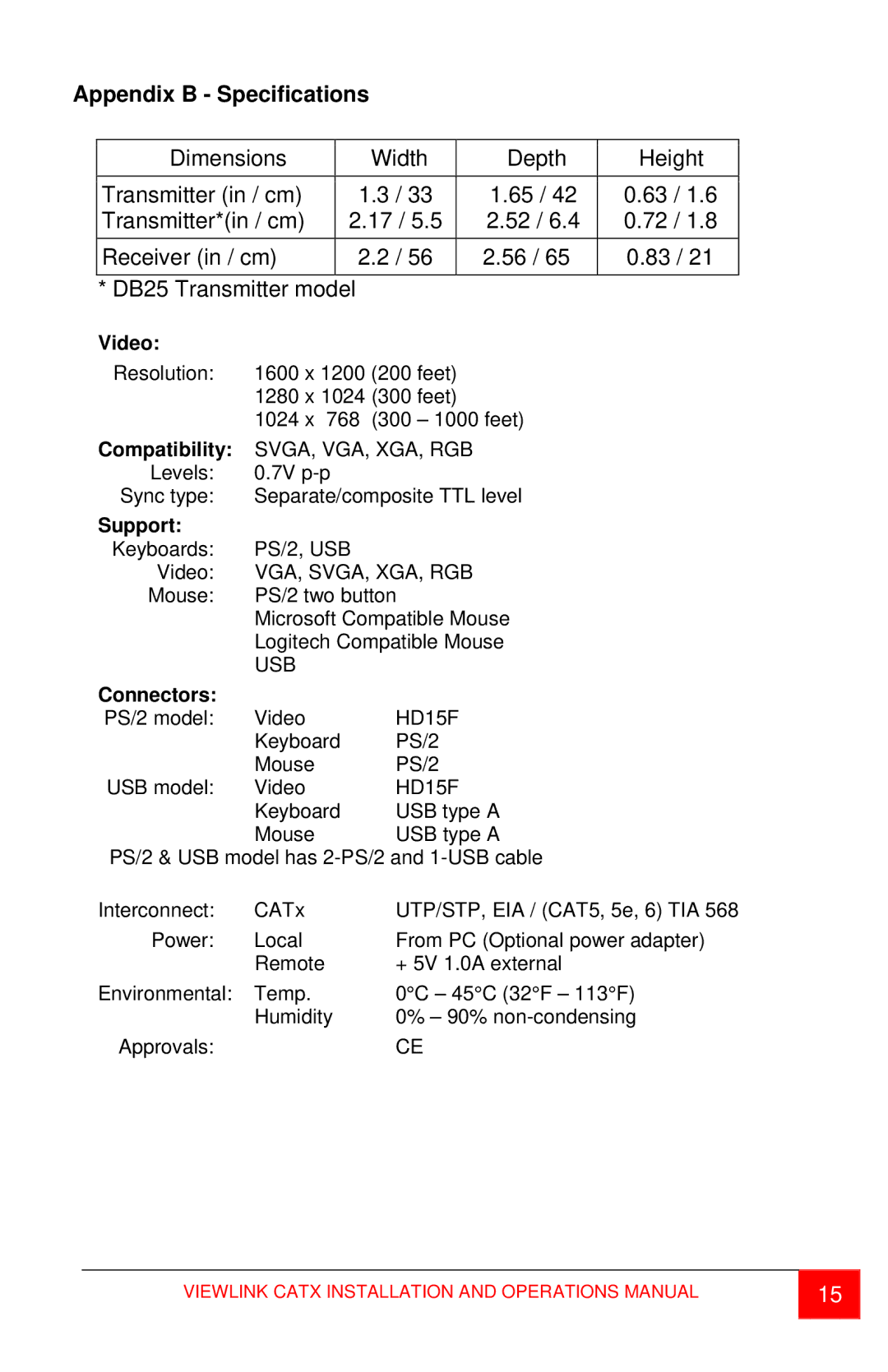 Rose electronic CATx manual Appendix B Specifications 