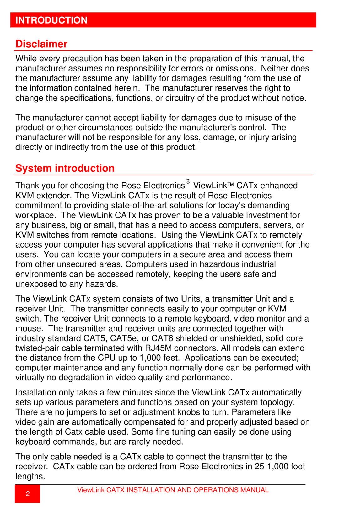 Rose electronic CATx manual Disclaimer, System introduction, Introduction 