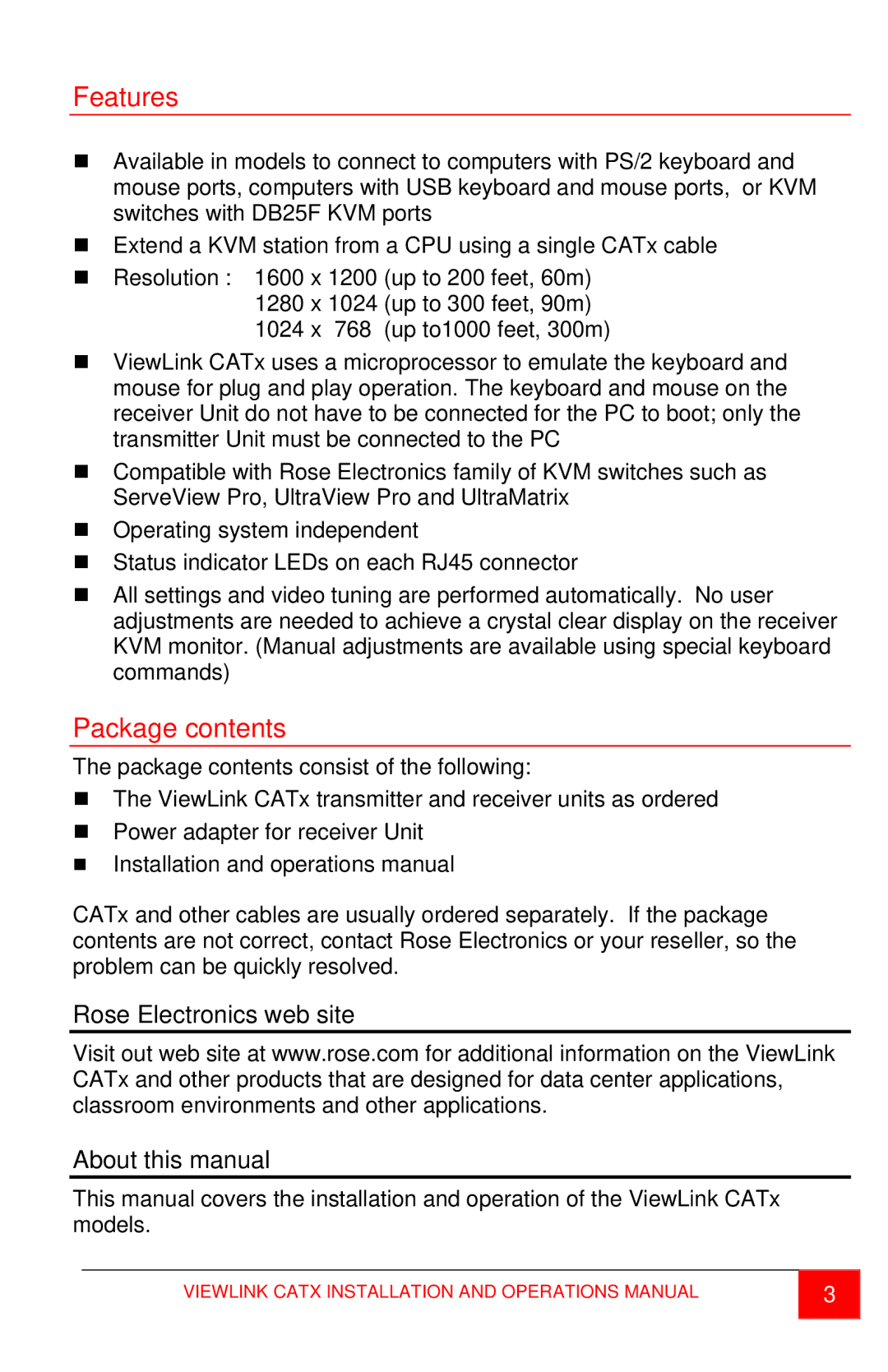 Rose electronic CATx manual Features, Package contents 