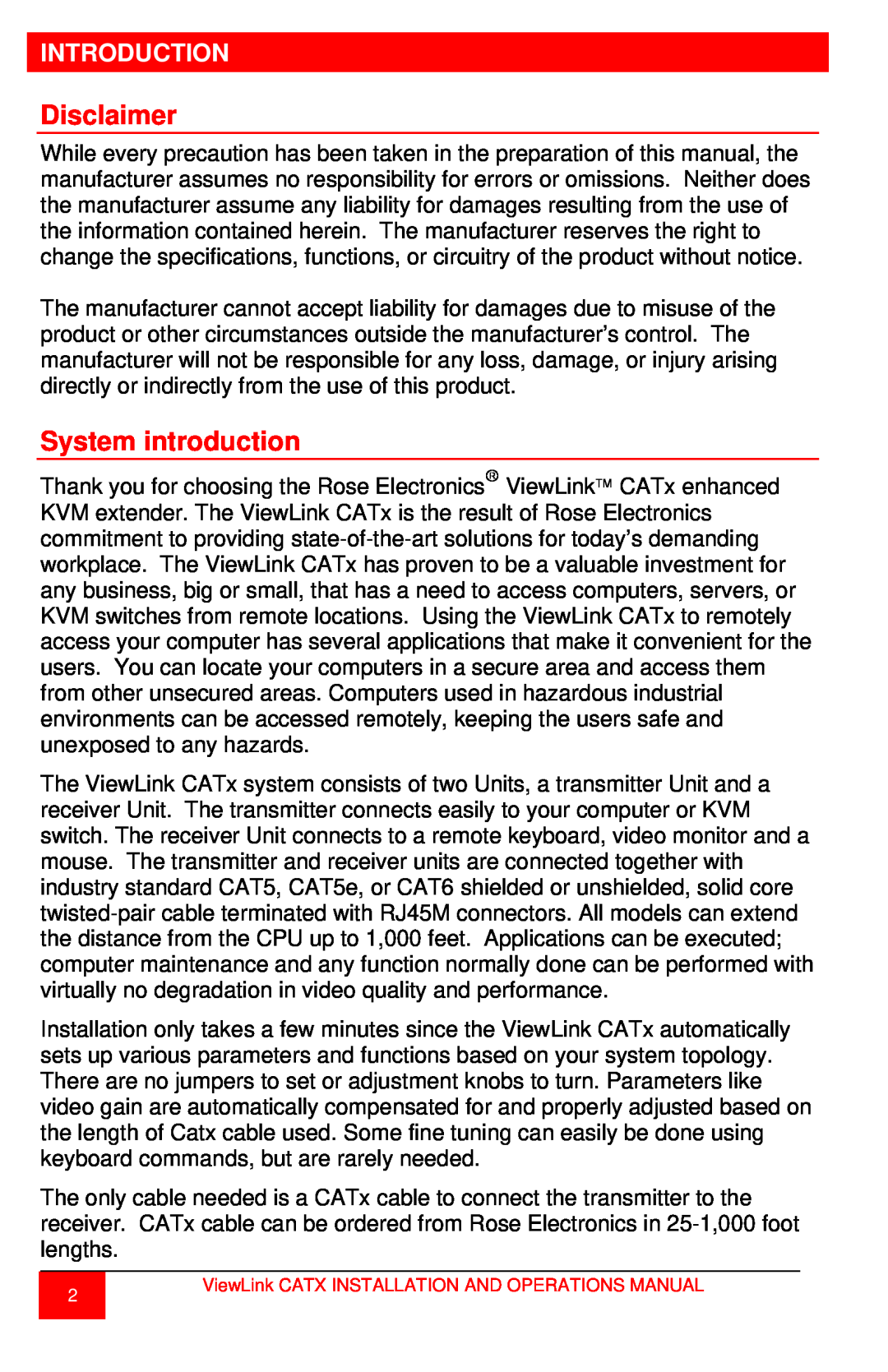 Rose electronic CATx manual Disclaimer, System introduction, Introduction 