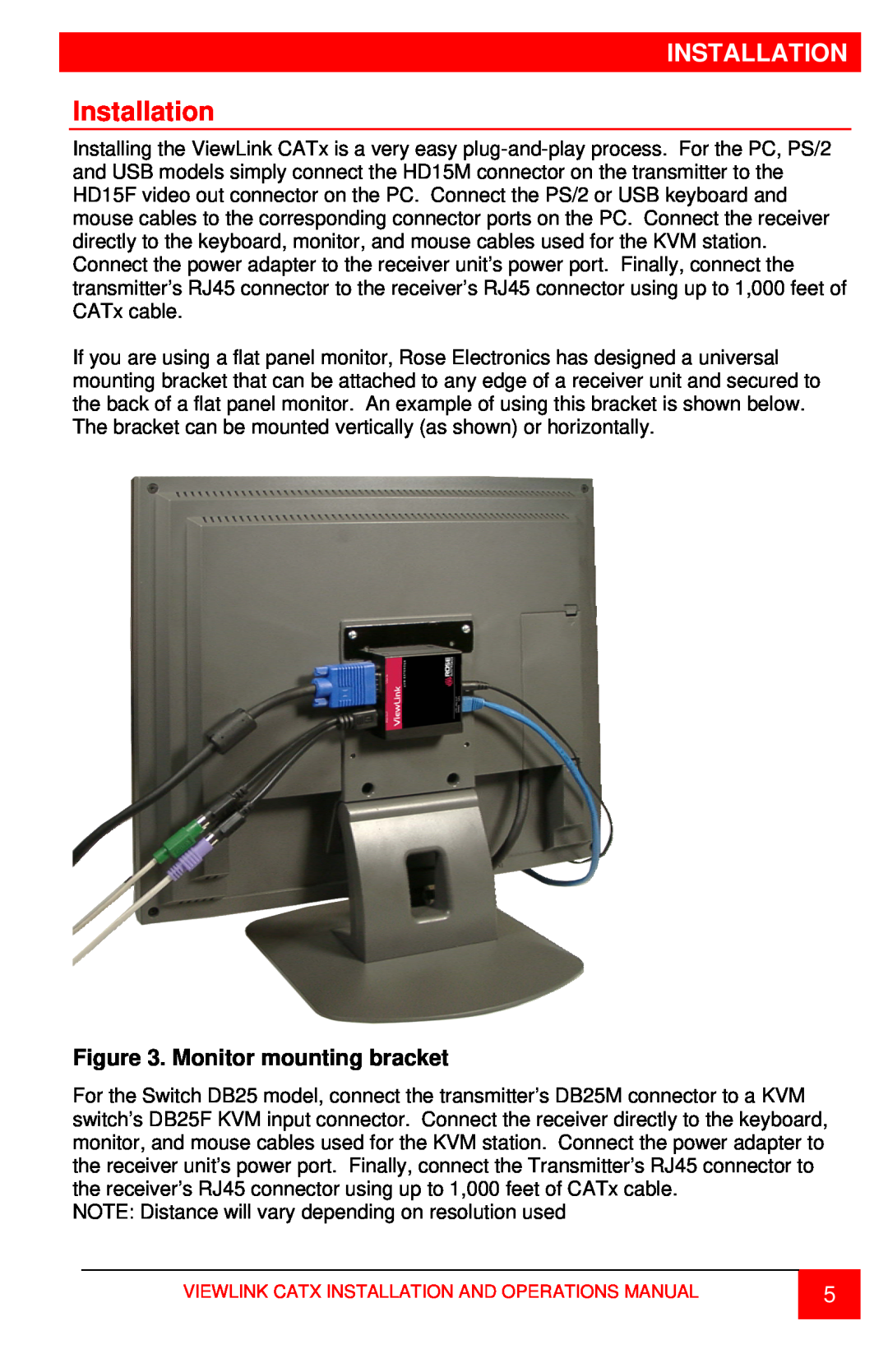 Rose electronic CATx manual Installation, Monitor mounting bracket 