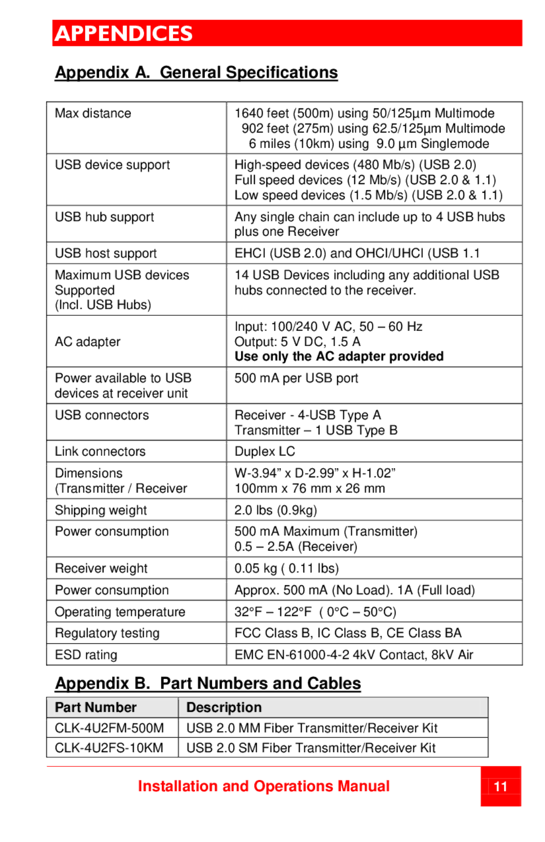 Rose electronic CLK-4U2FM-500M manual Appendices, Appendix A. General Specifications, Appendix B. Part Numbers and Cables 