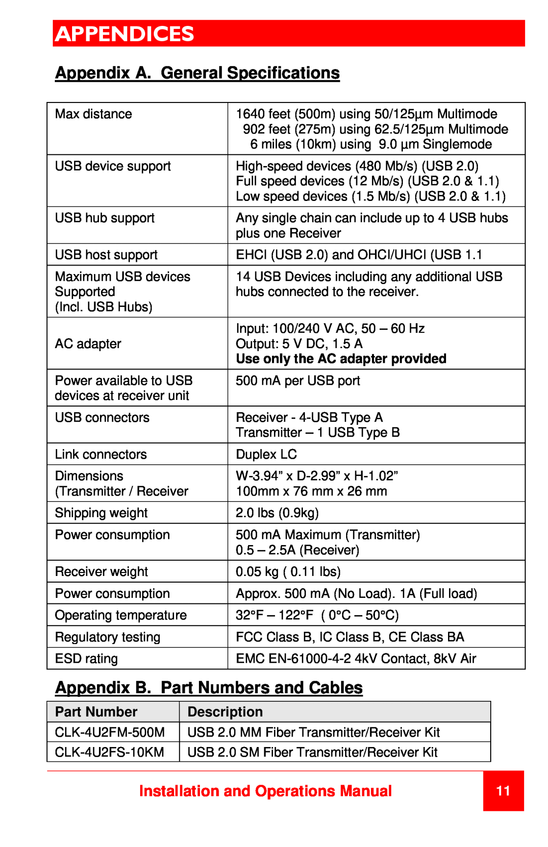 Rose electronic CLK-4U2FM-500M manual Appendices, Appendix A. General Specifications, Appendix B. Part Numbers and Cables 