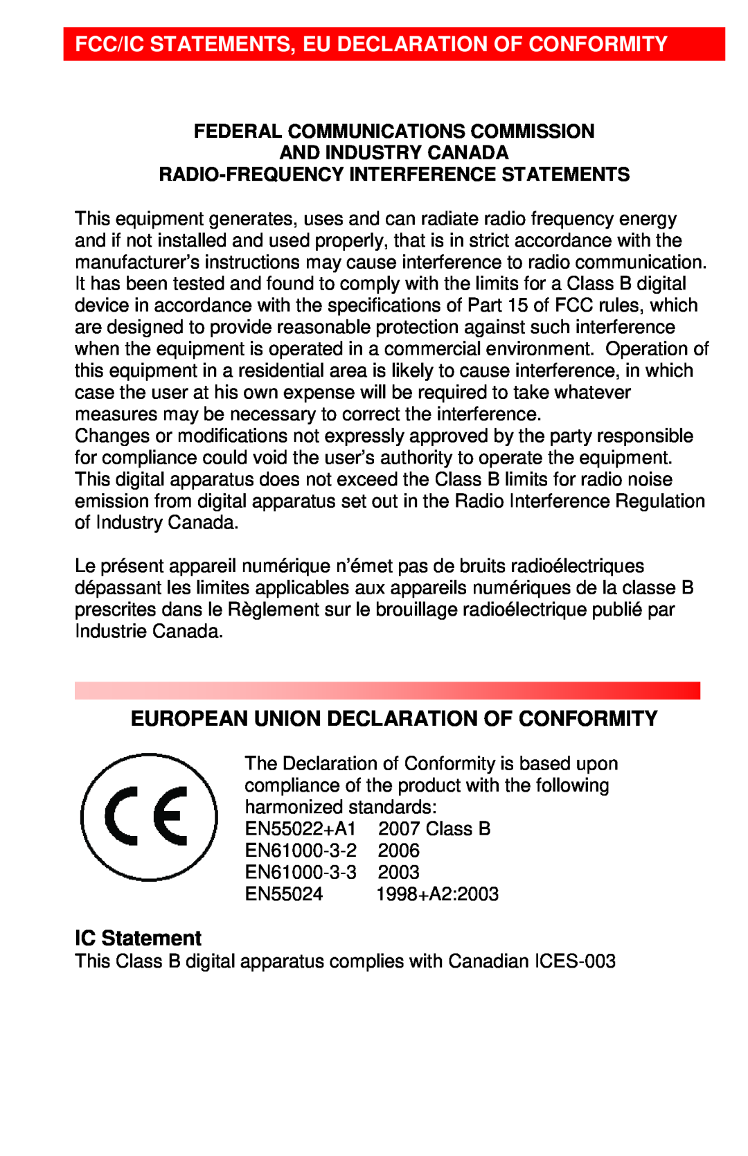 Rose electronic CLK-4U2FM-500M manual Fcc/Ic Statements, Eu Declaration Of Conformity, Federal Communications Commission 