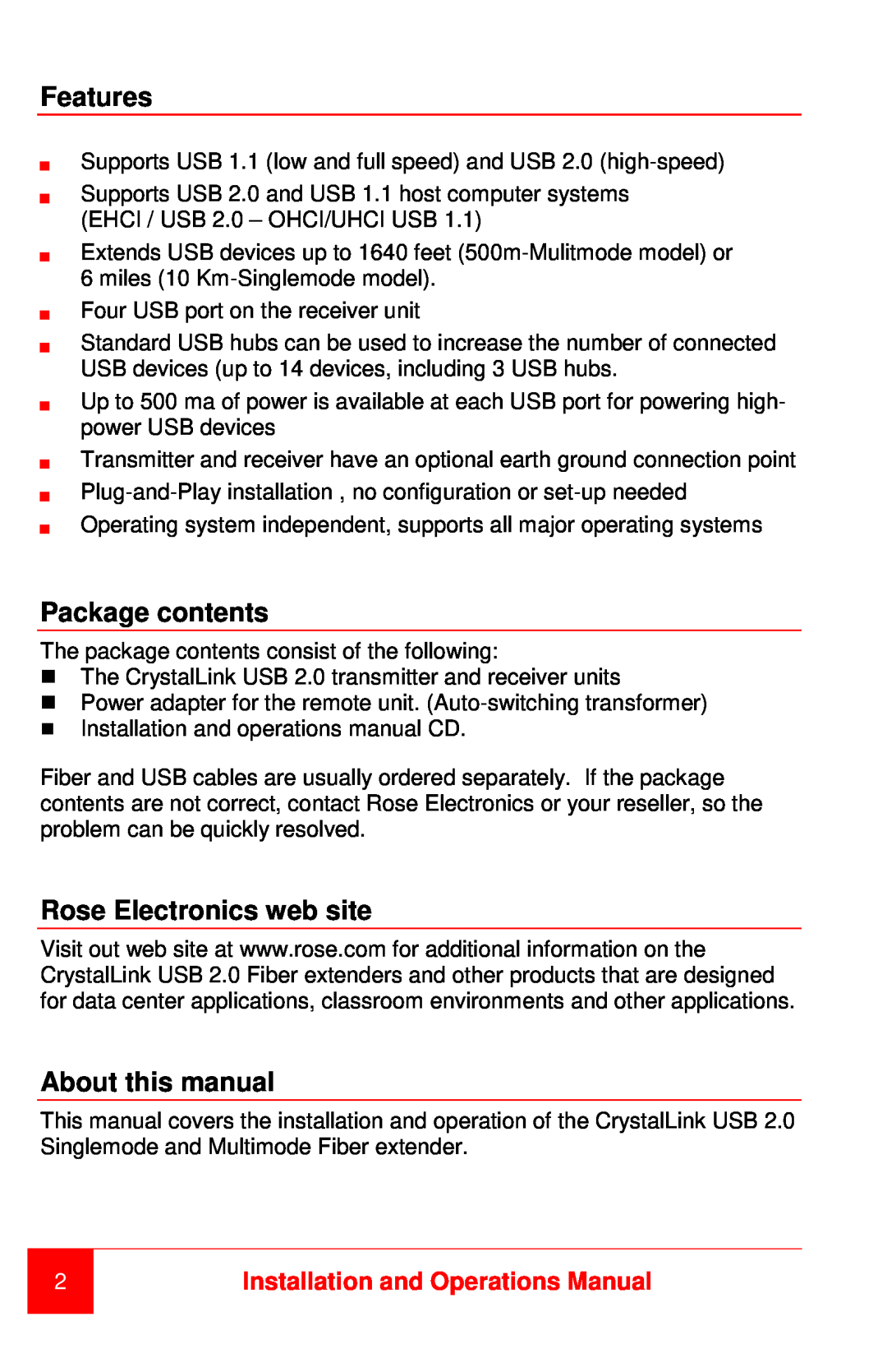 Rose electronic CLK-4U2FS-10KM, CLK-4U2FM-500M Features, Package contents, Rose Electronics web site, About this manual 