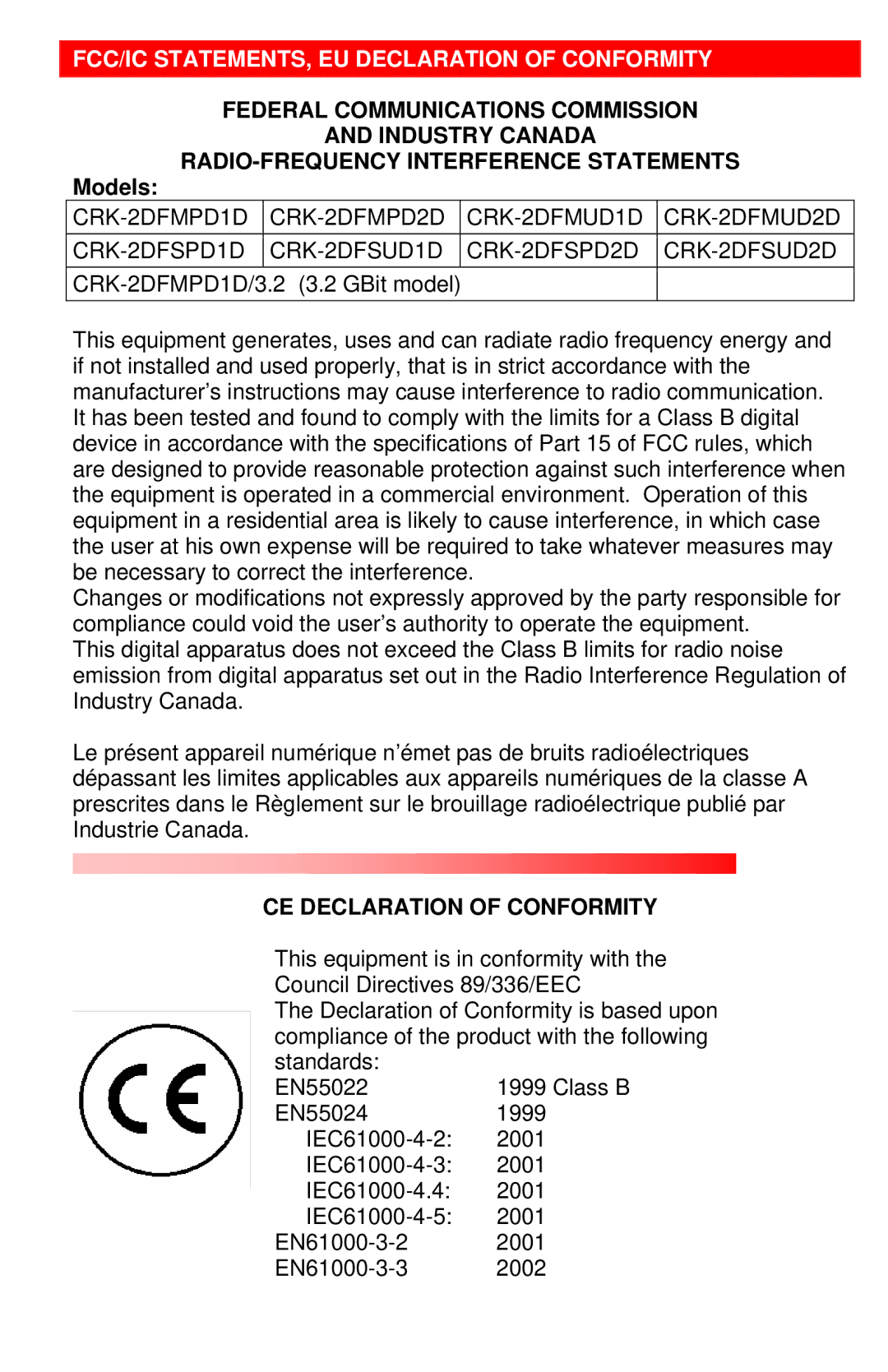 Rose electronic CRK-2DFMPD2D, CRK-2DFSPD2D, CRK-2DFSUD2D manual FCC/IC STATEMENTS, EU Declaration of Conformity, Models 