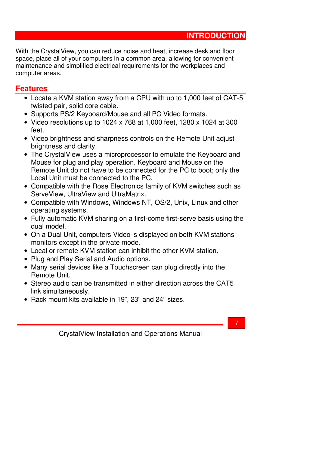 Rose electronic Crystal View operation manual Features 