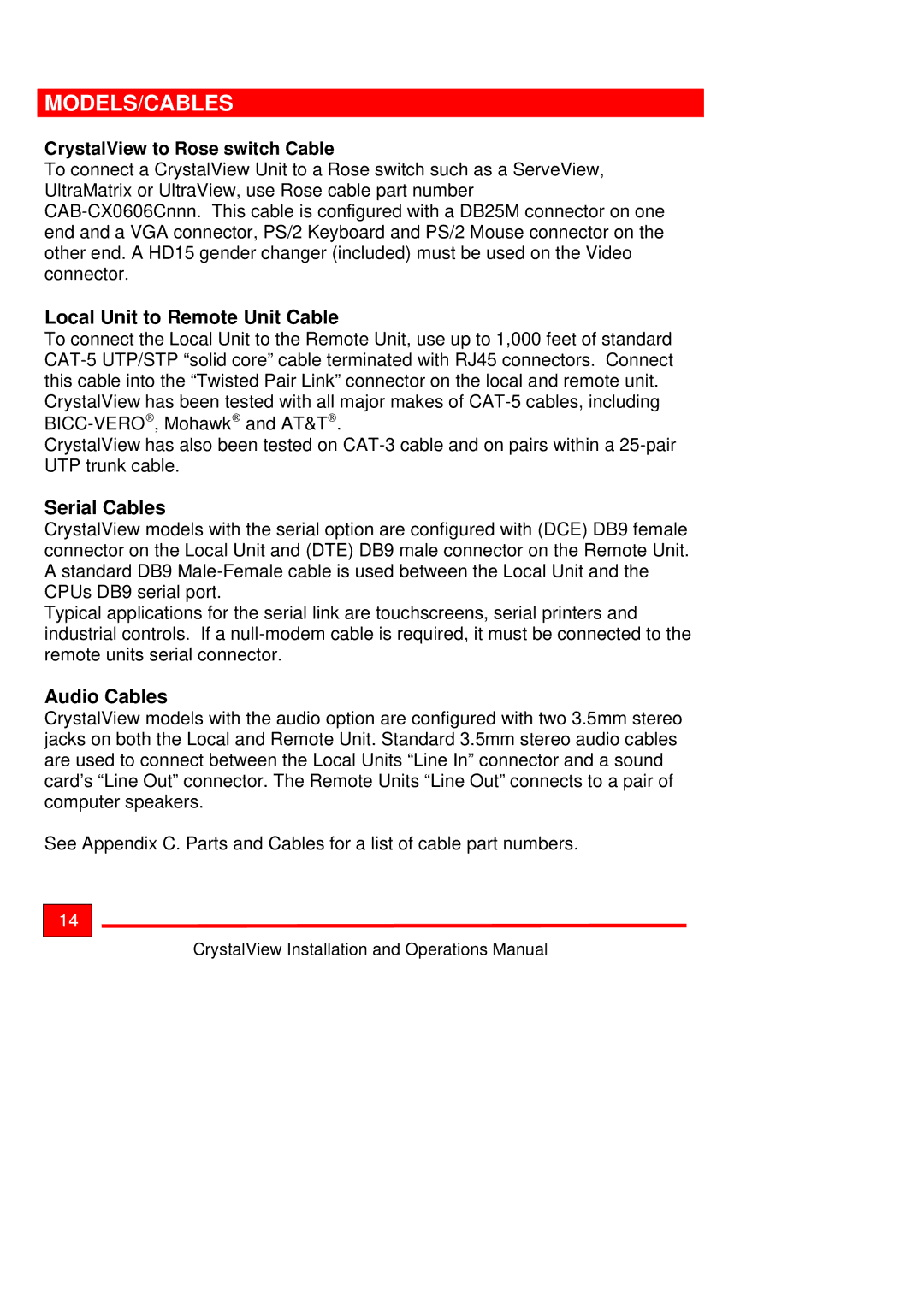 Rose electronic Crystal View operation manual Local Unit to Remote Unit Cable, Serial Cables, Audio Cables 