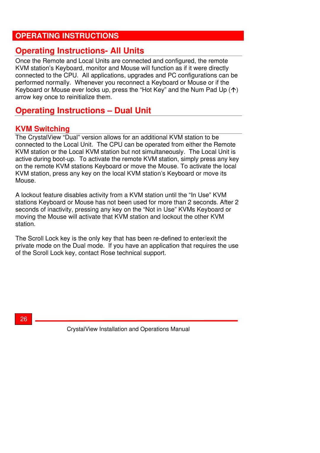 Rose electronic Crystal View Operating Instructions- All Units, Operating Instructions Dual Unit, KVM Switching 