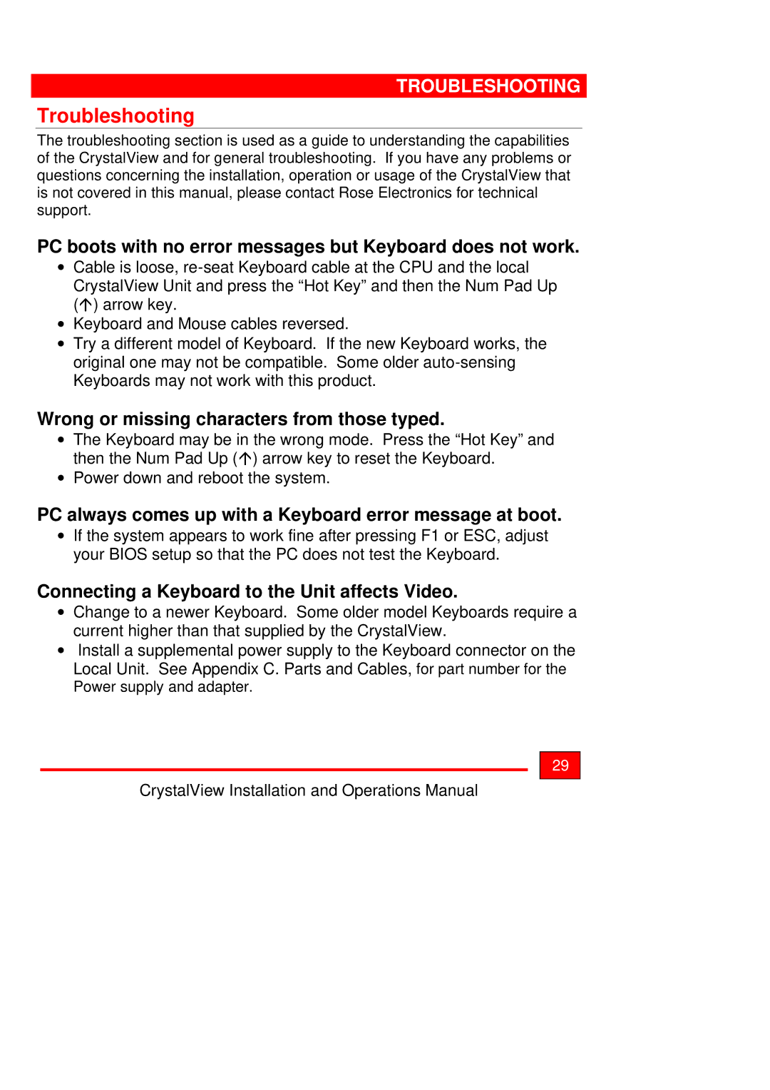 Rose electronic Crystal View operation manual Troubleshooting, PC boots with no error messages but Keyboard does not work 