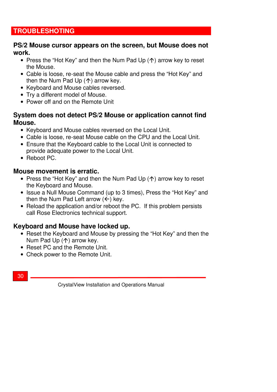 Rose electronic Crystal View operation manual Mouse movement is erratic, Keyboard and Mouse have locked up 