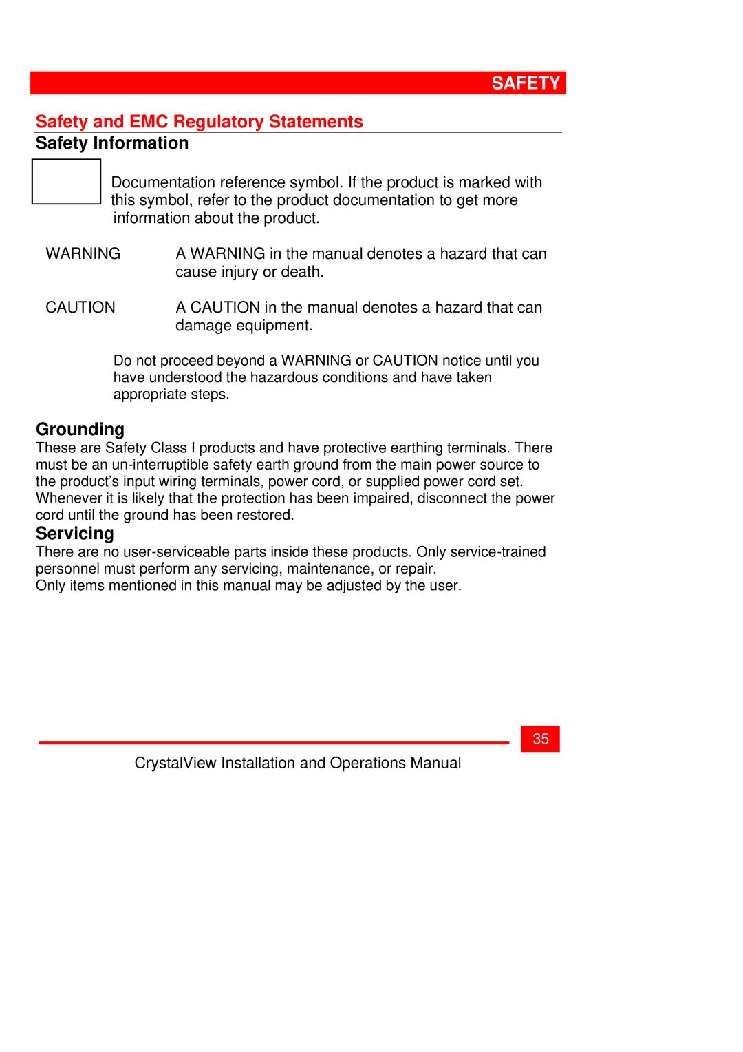 Rose electronic Crystal View Safety and EMC Regulatory Statements, Safety Information, Grounding, Servicing 