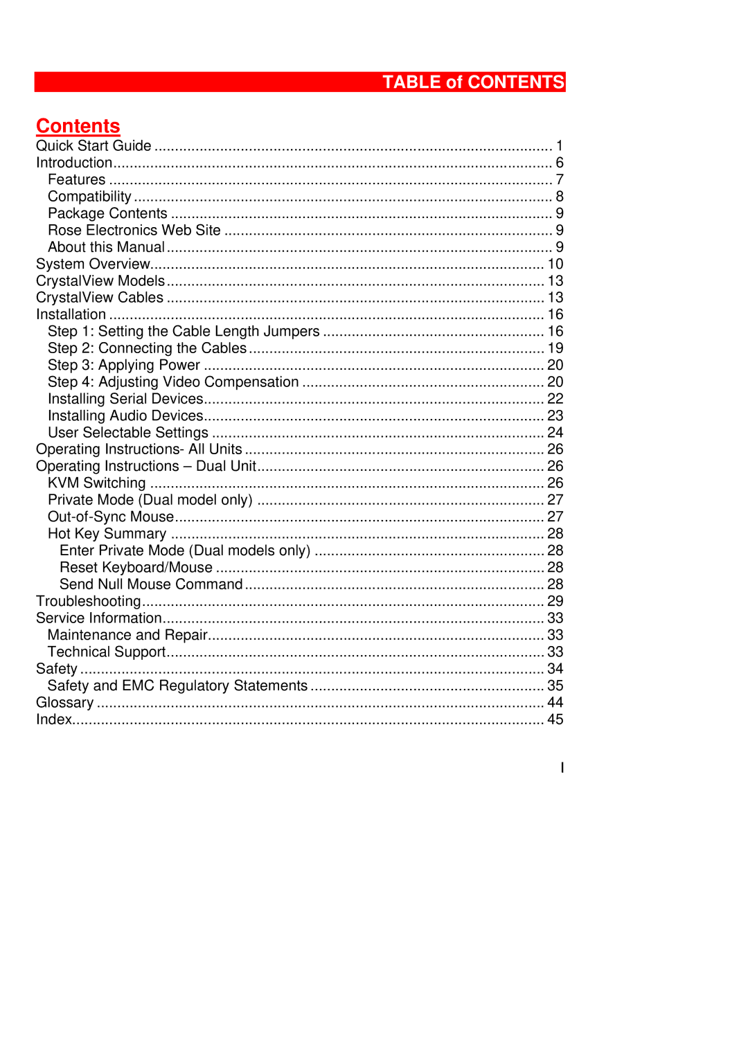 Rose electronic Crystal View operation manual Contents 