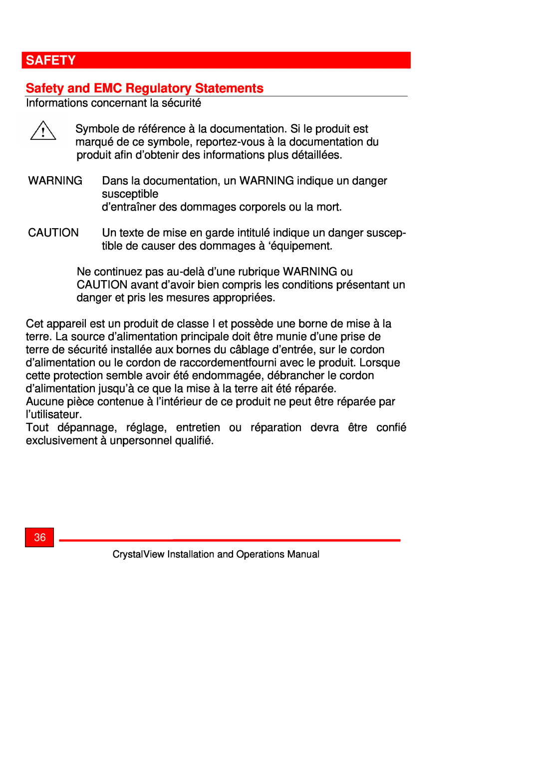 Rose electronic Crystal View operation manual Safety and EMC Regulatory Statements, Informations concernant la sécurité 