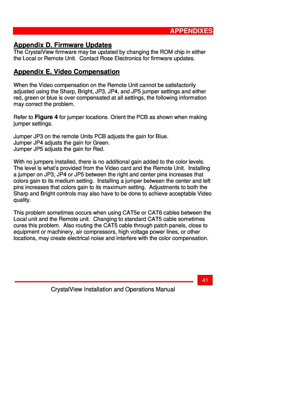 Rose electronic Crystal View operation manual Appendix D. Firmware Updates, Appendix E. Video Compensation, Appendixes 