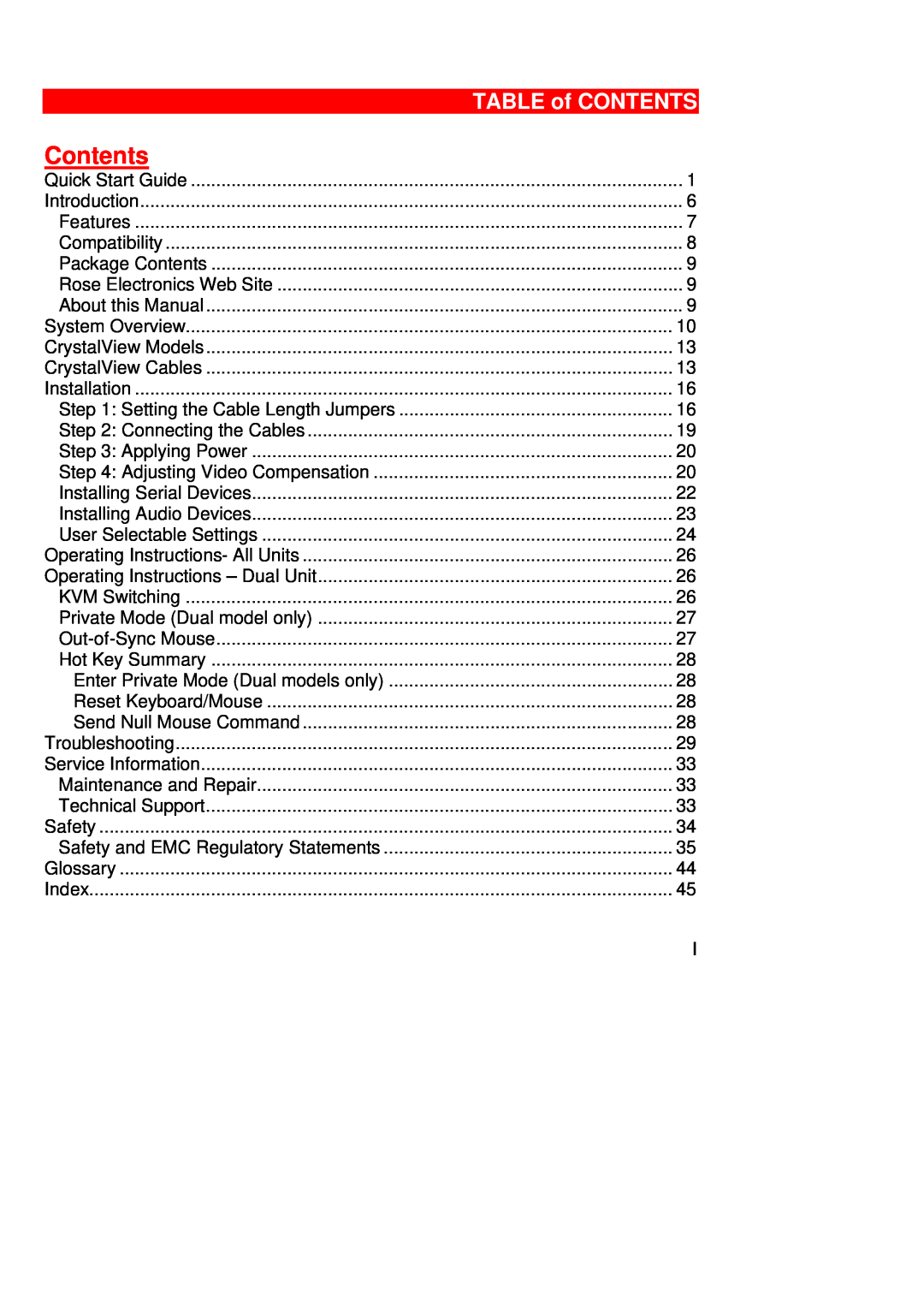 Rose electronic Crystal View operation manual Contents, TABLE of CONTENTS 