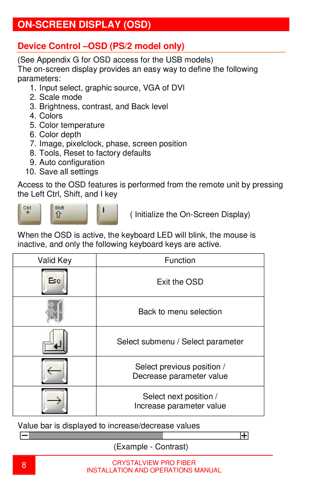 Rose electronic crystalview dvi pro fiber dvi/vga fiber extender operation manual ON-SCREEN Display OSD 