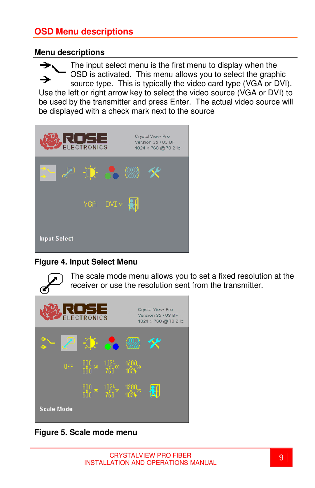 Rose electronic crystalview dvi pro fiber dvi/vga fiber extender operation manual OSD Menu descriptions 