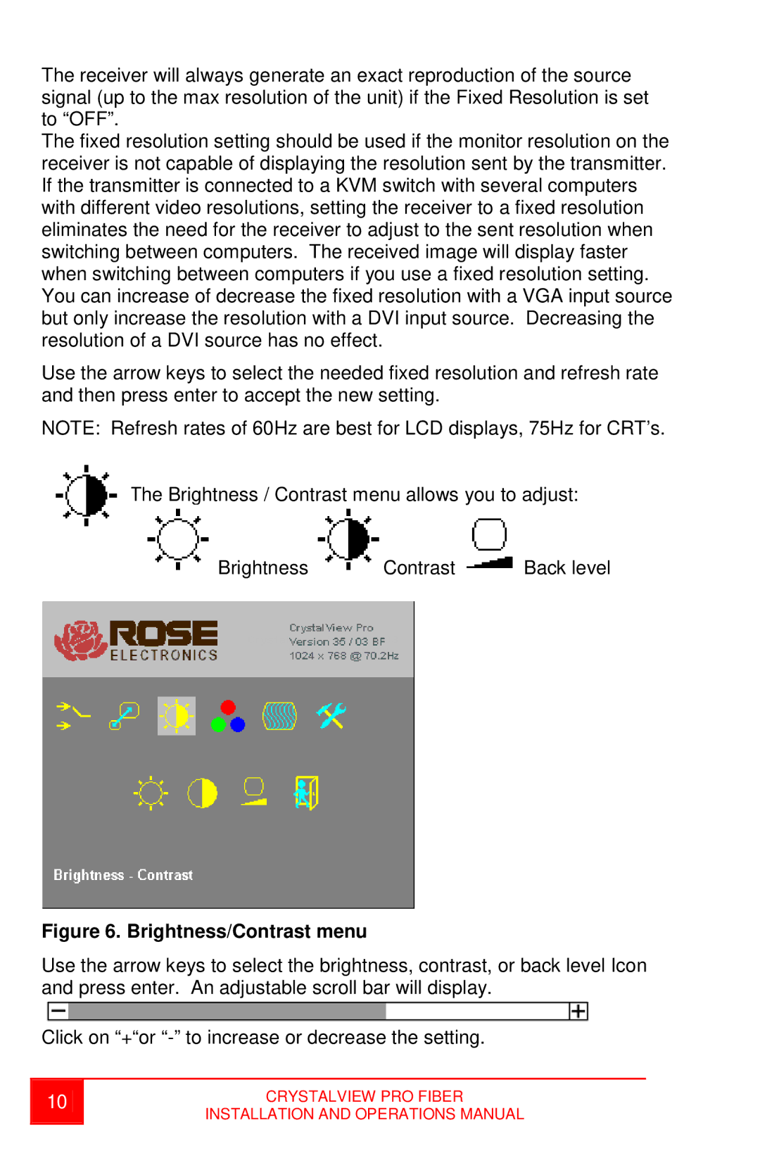 Rose electronic crystalview dvi pro fiber dvi/vga fiber extender operation manual Brightness/Contrast menu 