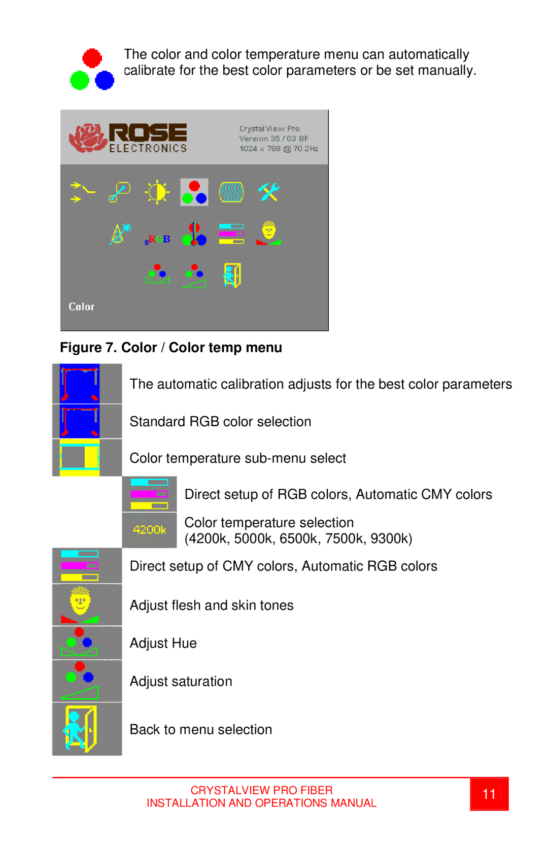 Rose electronic crystalview dvi pro fiber dvi/vga fiber extender operation manual Color / Color temp menu 