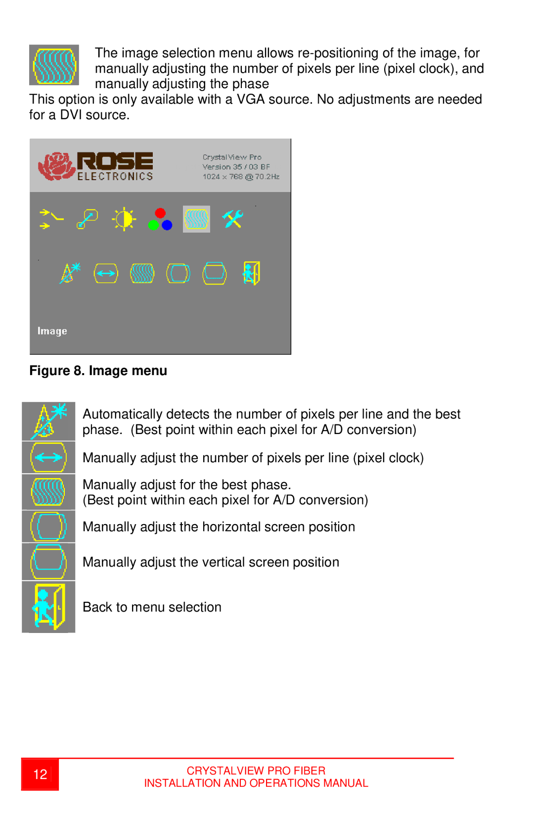 Rose electronic crystalview dvi pro fiber dvi/vga fiber extender operation manual Image menu 