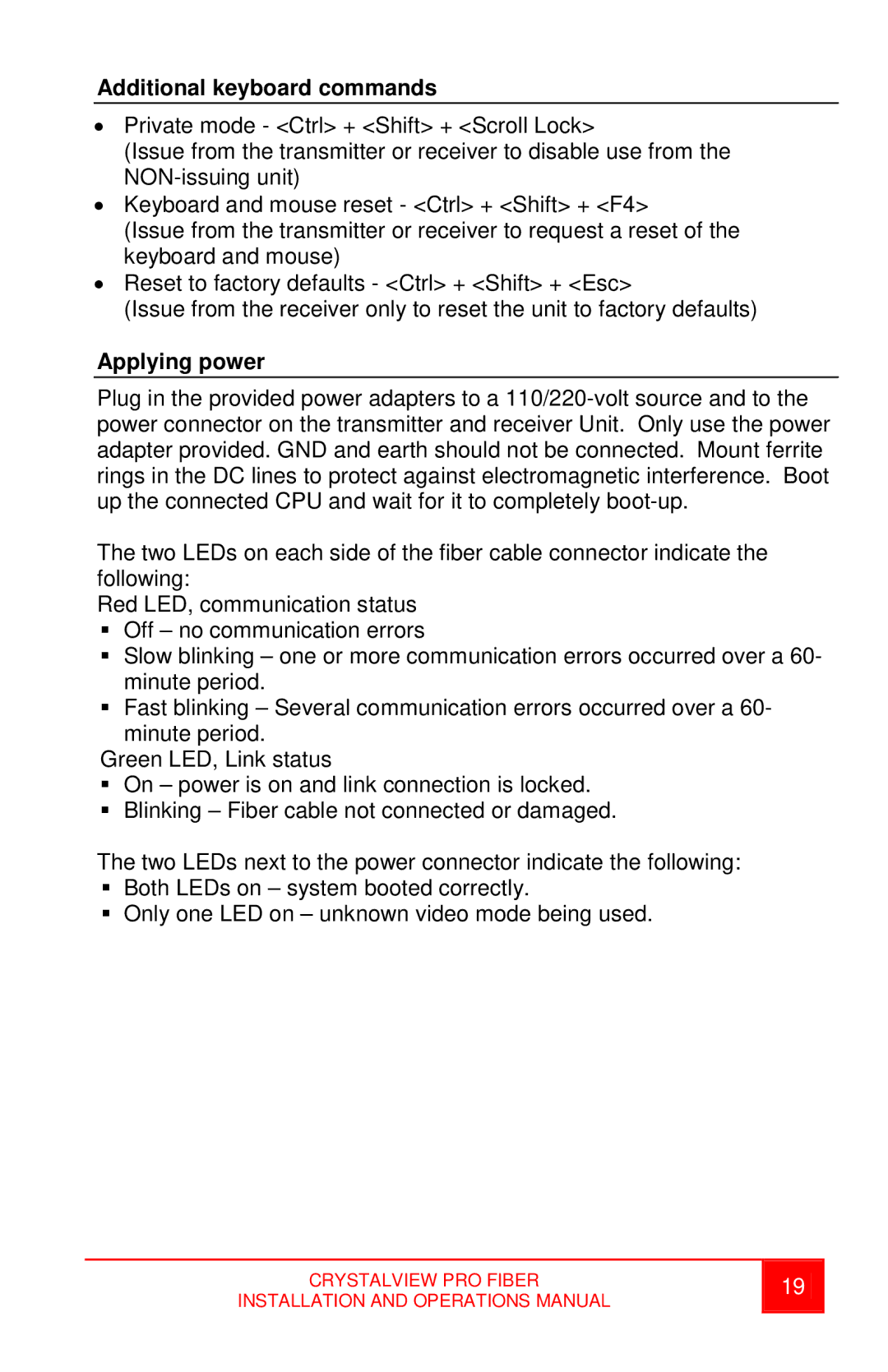 Rose electronic crystalview dvi pro fiber dvi/vga fiber extender Additional keyboard commands, Applying power 