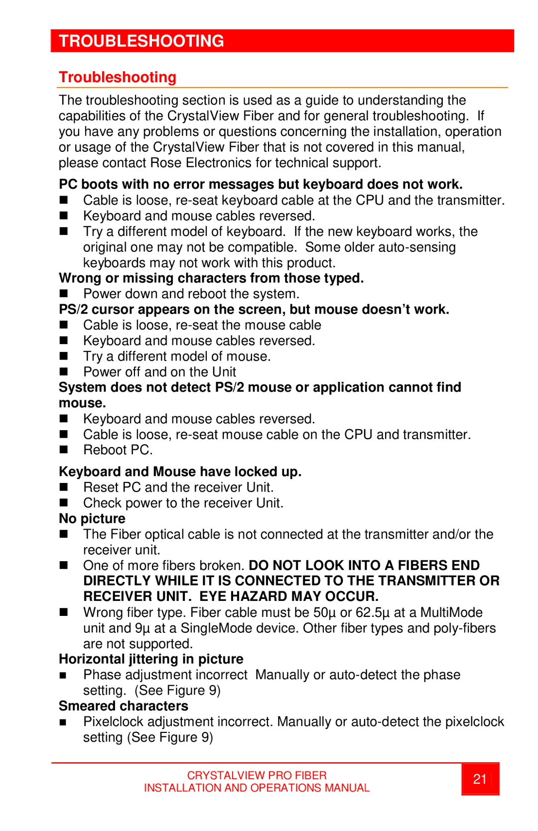 Rose electronic crystalview dvi pro fiber dvi/vga fiber extender operation manual Troubleshooting 