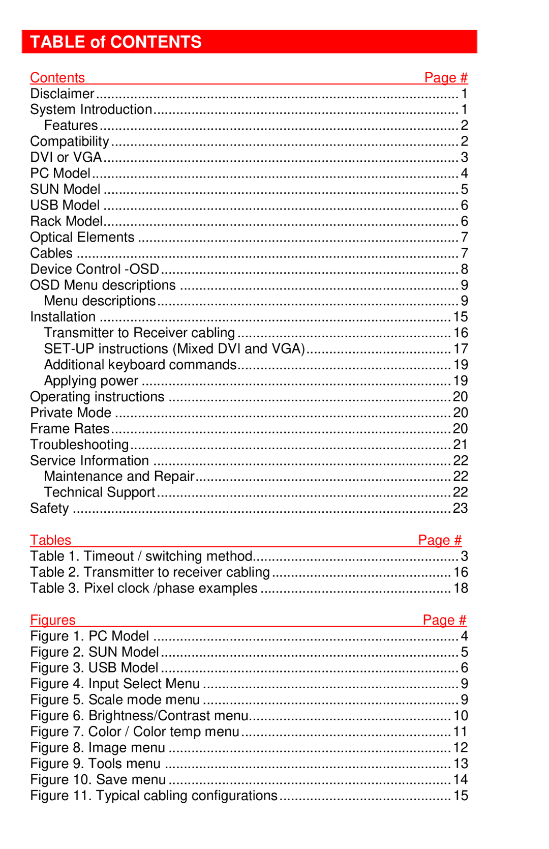 Rose electronic crystalview dvi pro fiber dvi/vga fiber extender operation manual Table of Contents 