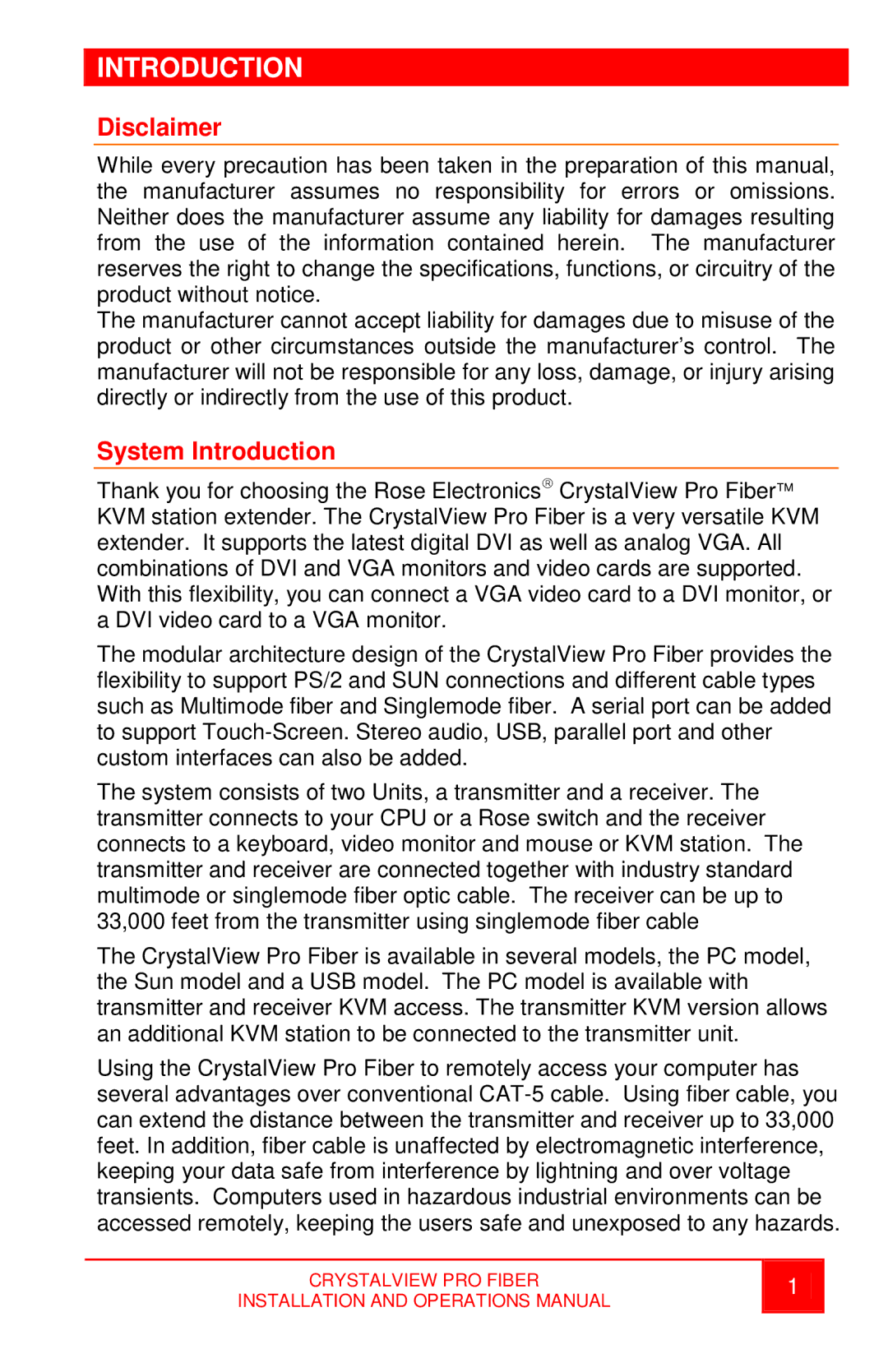 Rose electronic crystalview dvi pro fiber dvi/vga fiber extender operation manual Disclaimer, System Introduction 