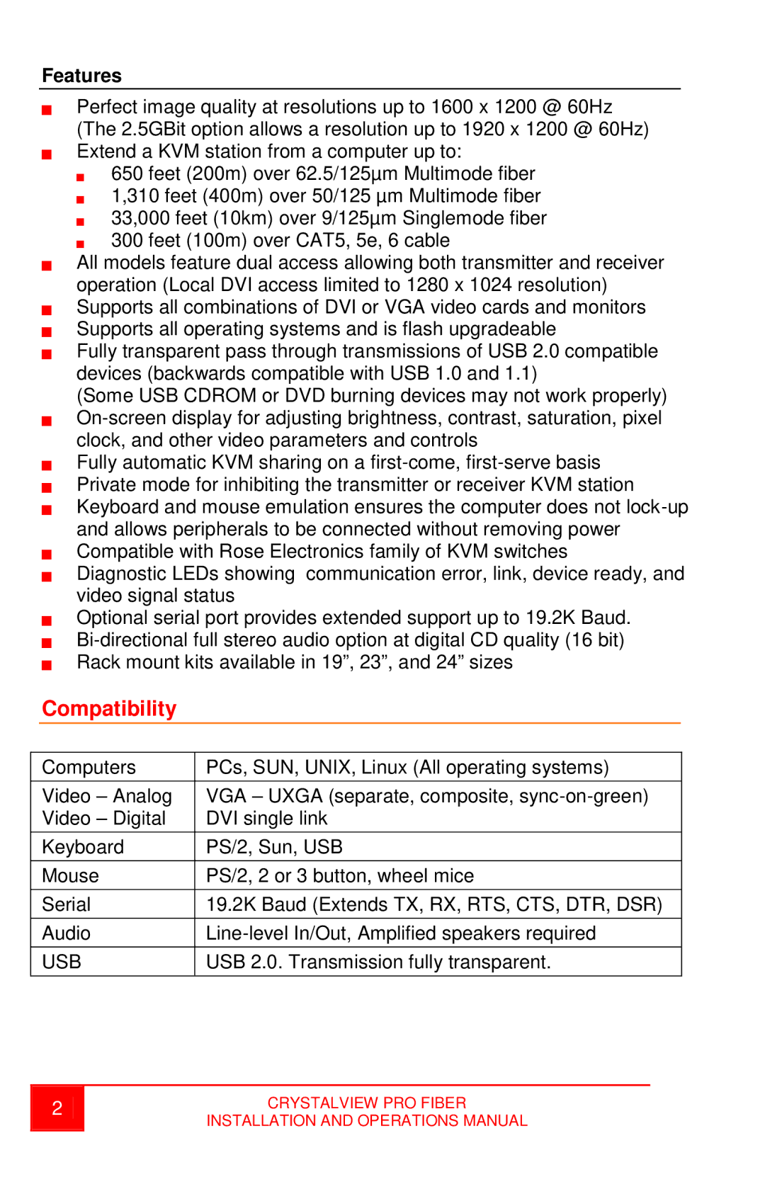 Rose electronic crystalview dvi pro fiber dvi/vga fiber extender operation manual Compatibility, Features 