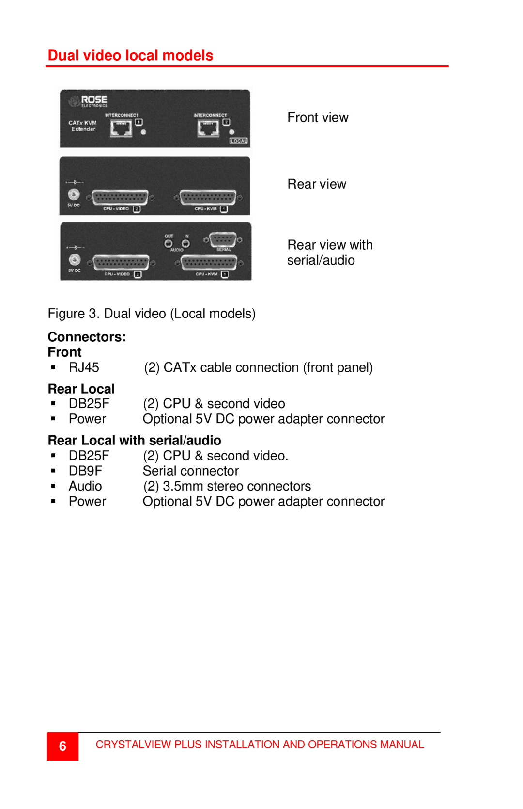 Rose electronic CrystalView Plus manual Dual video local models, DB25F, Rear Local with serial/audio 