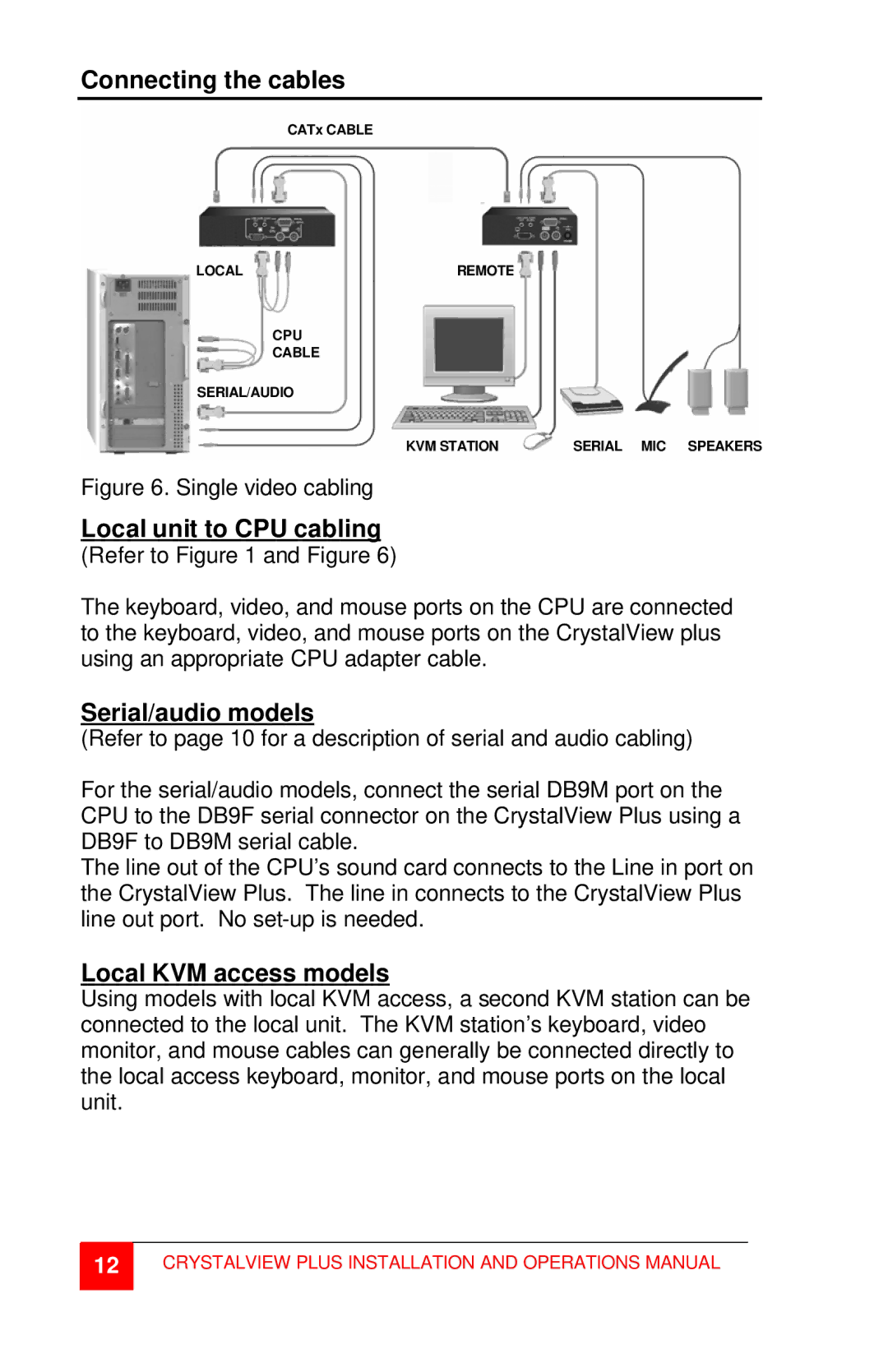 Rose electronic CrystalView Plus manual Connecting the cables, Local unit to CPU cabling, Serial/audio models 