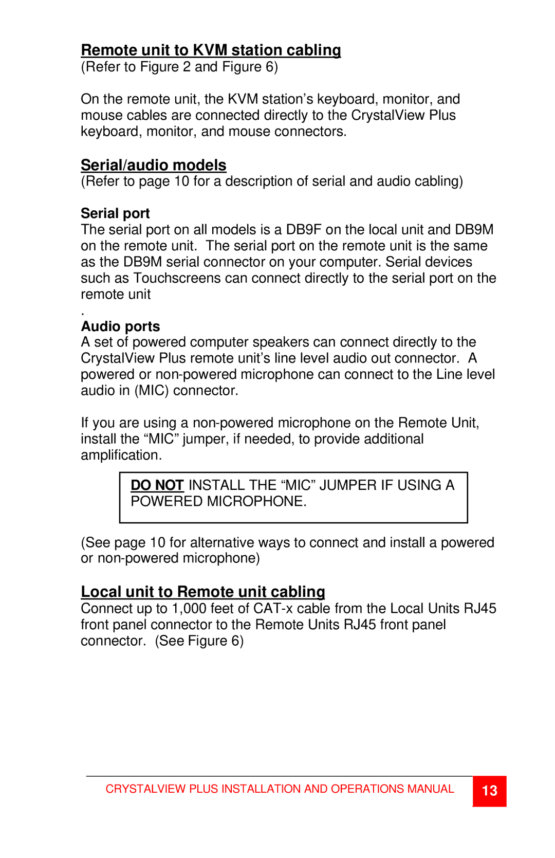 Rose electronic CrystalView Plus manual Remote unit to KVM station cabling, Local unit to Remote unit cabling, Serial port 