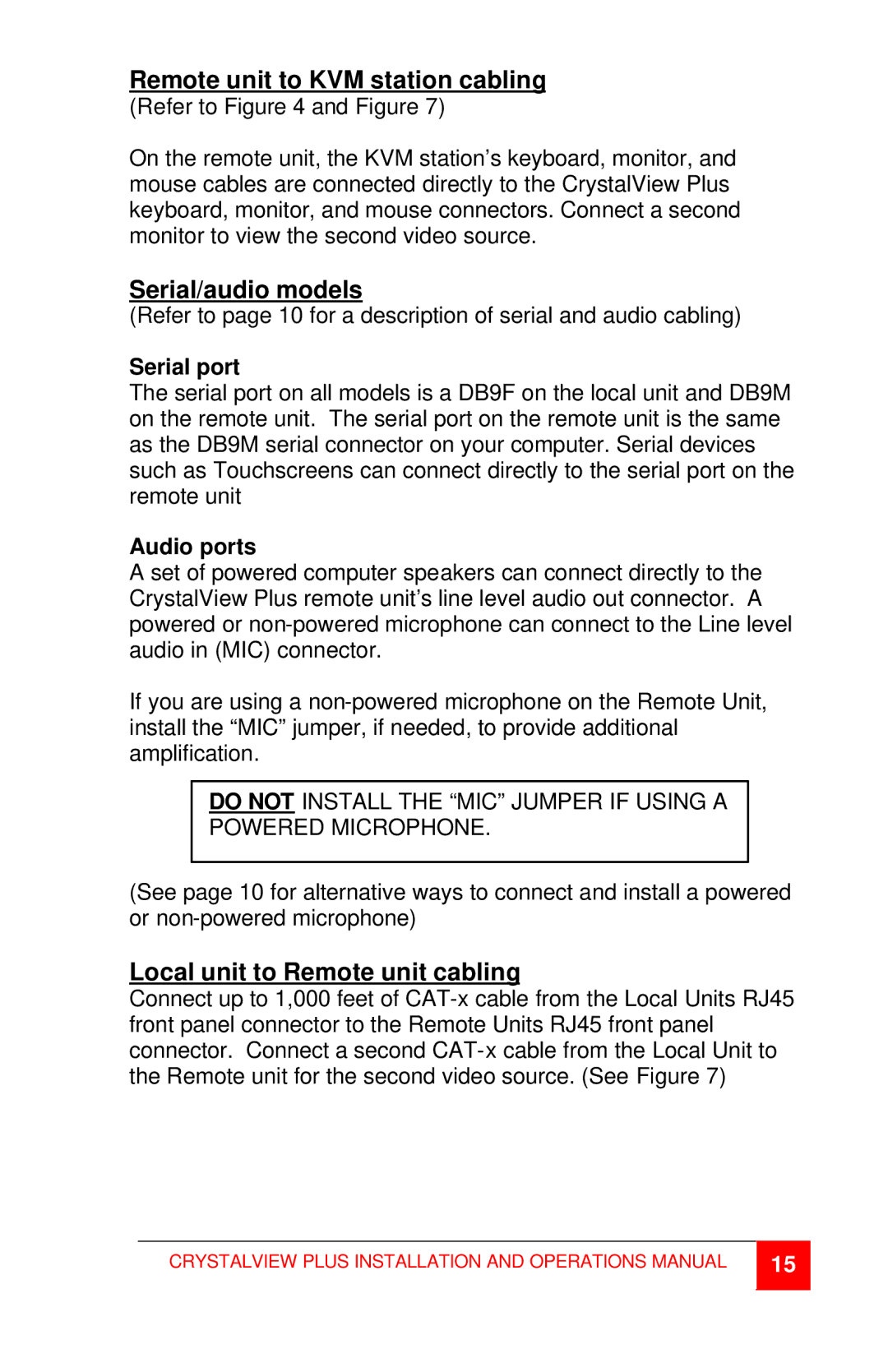 Rose electronic CrystalView Plus manual Remote unit to KVM station cabling 