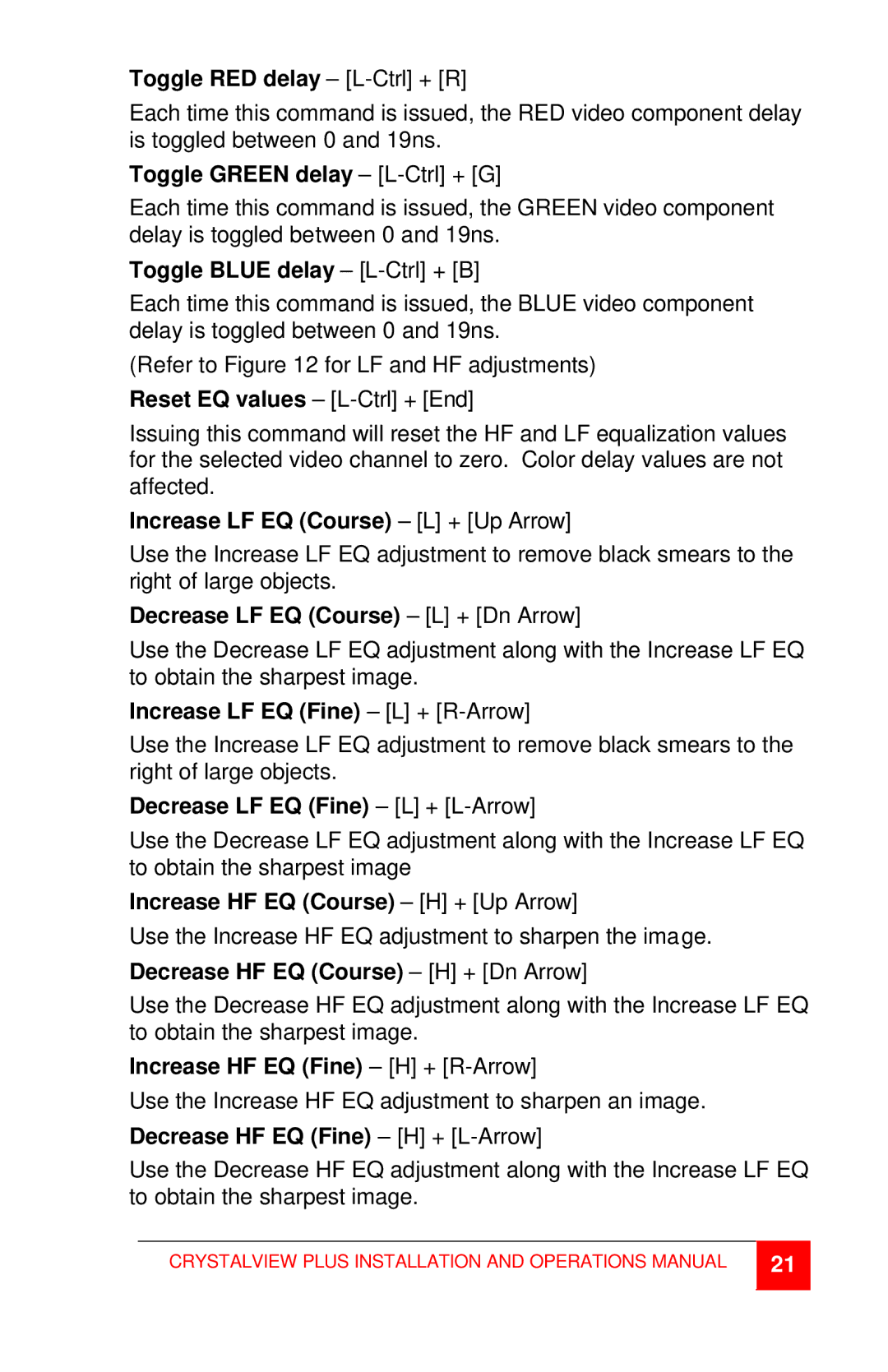 Rose electronic CrystalView Plus Toggle RED delay L-Ctrl + R, Toggle Green delay L-Ctrl + G, Toggle Blue delay L-Ctrl + B 