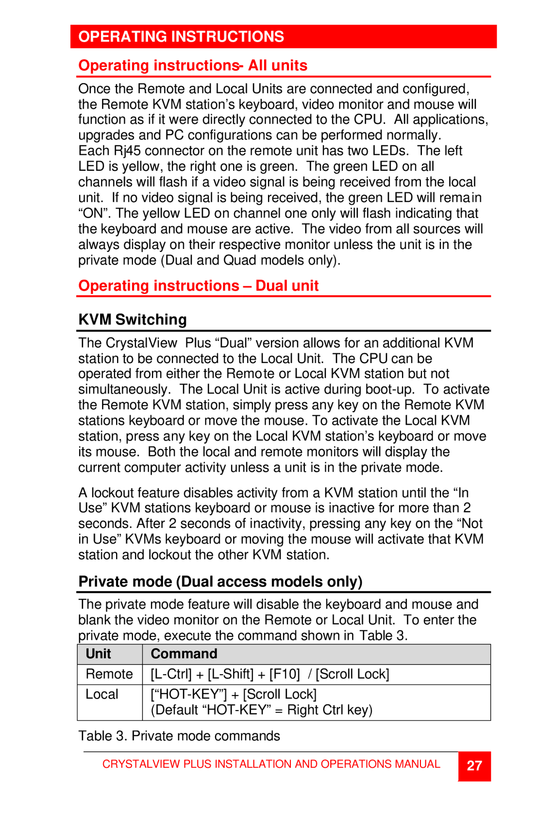 Rose electronic CrystalView Plus manual Operating Instructions, Operating instructions- All units, KVM Switching 