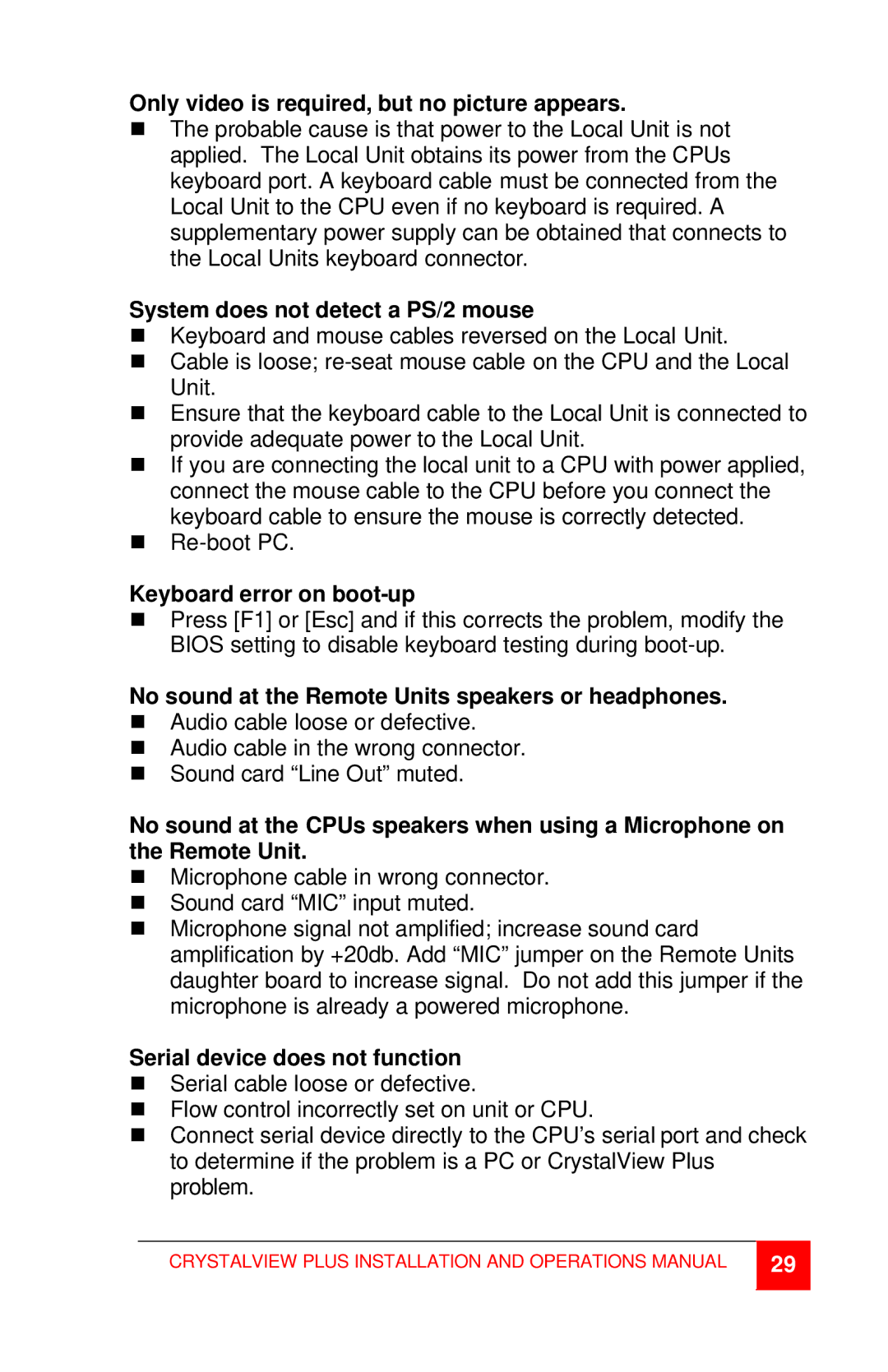 Rose electronic CrystalView Plus manual Only video is required, but no picture appears, System does not detect a PS/2 mouse 