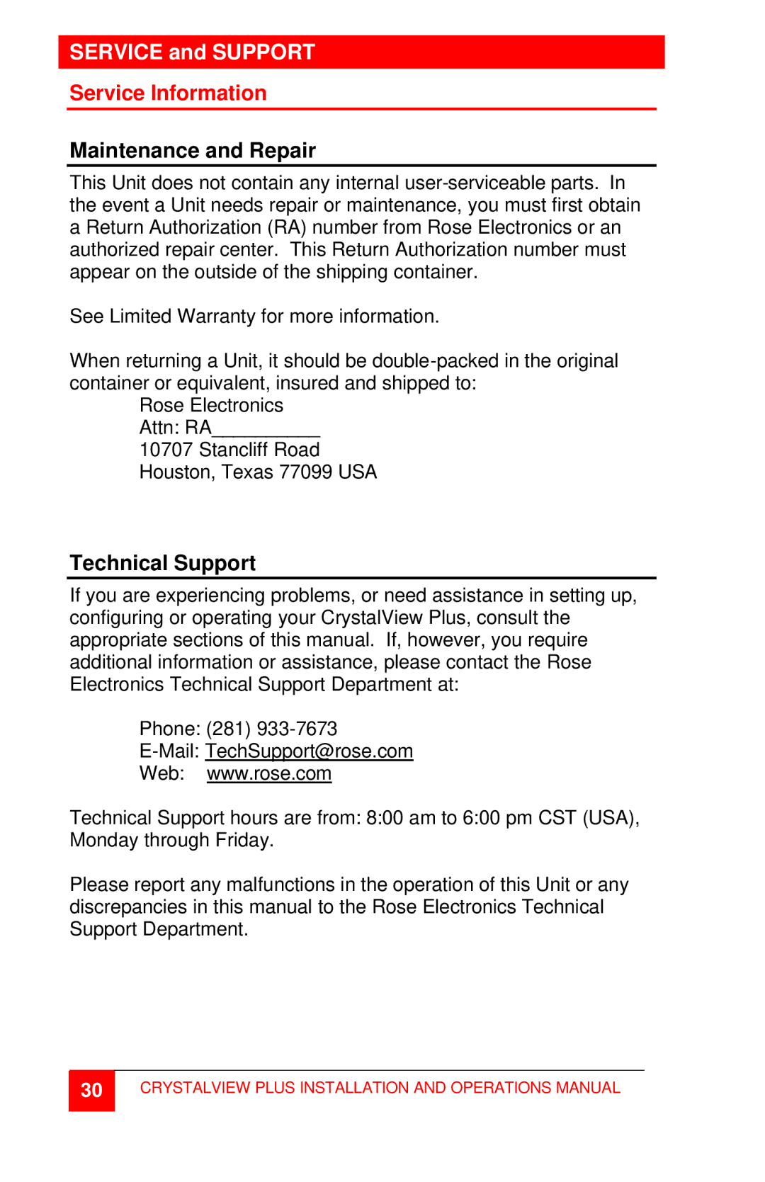 Rose electronic CrystalView Plus manual Service Information, Maintenance and Repair, Technical Support 