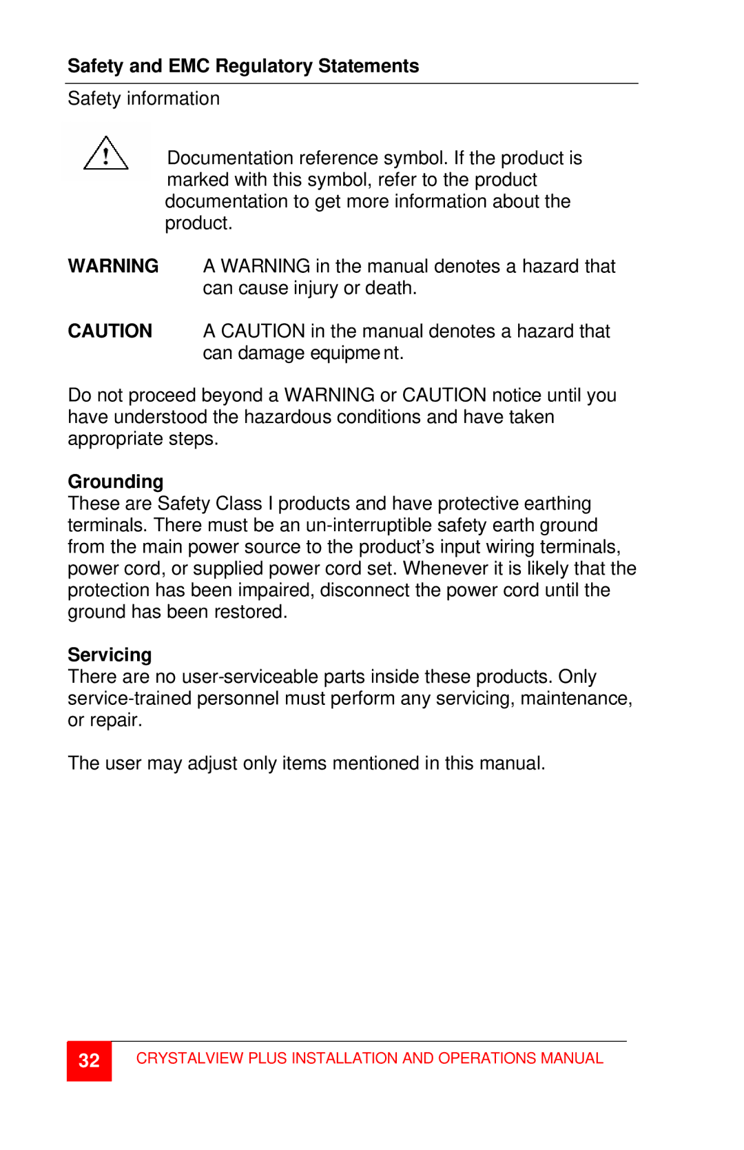 Rose electronic CrystalView Plus manual Safety and EMC Regulatory Statements, Grounding, Servicing 