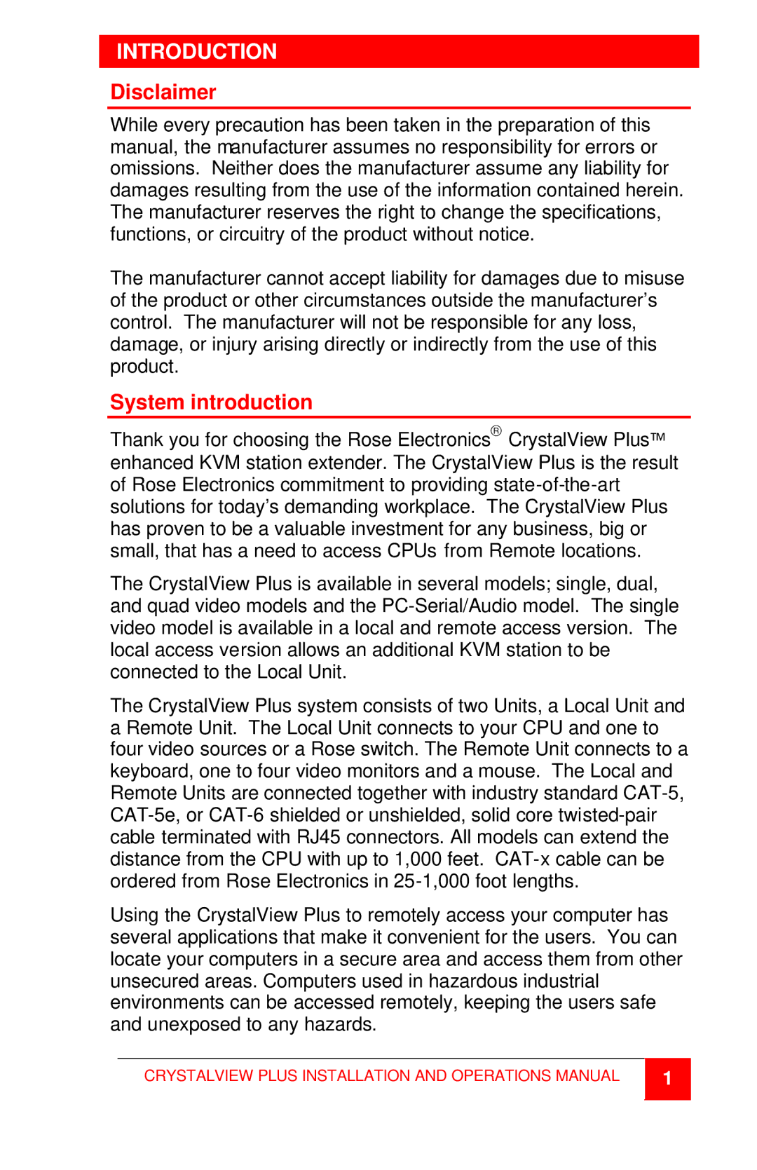 Rose electronic CrystalView Plus manual Introduction, Disclaimer, System introduction 