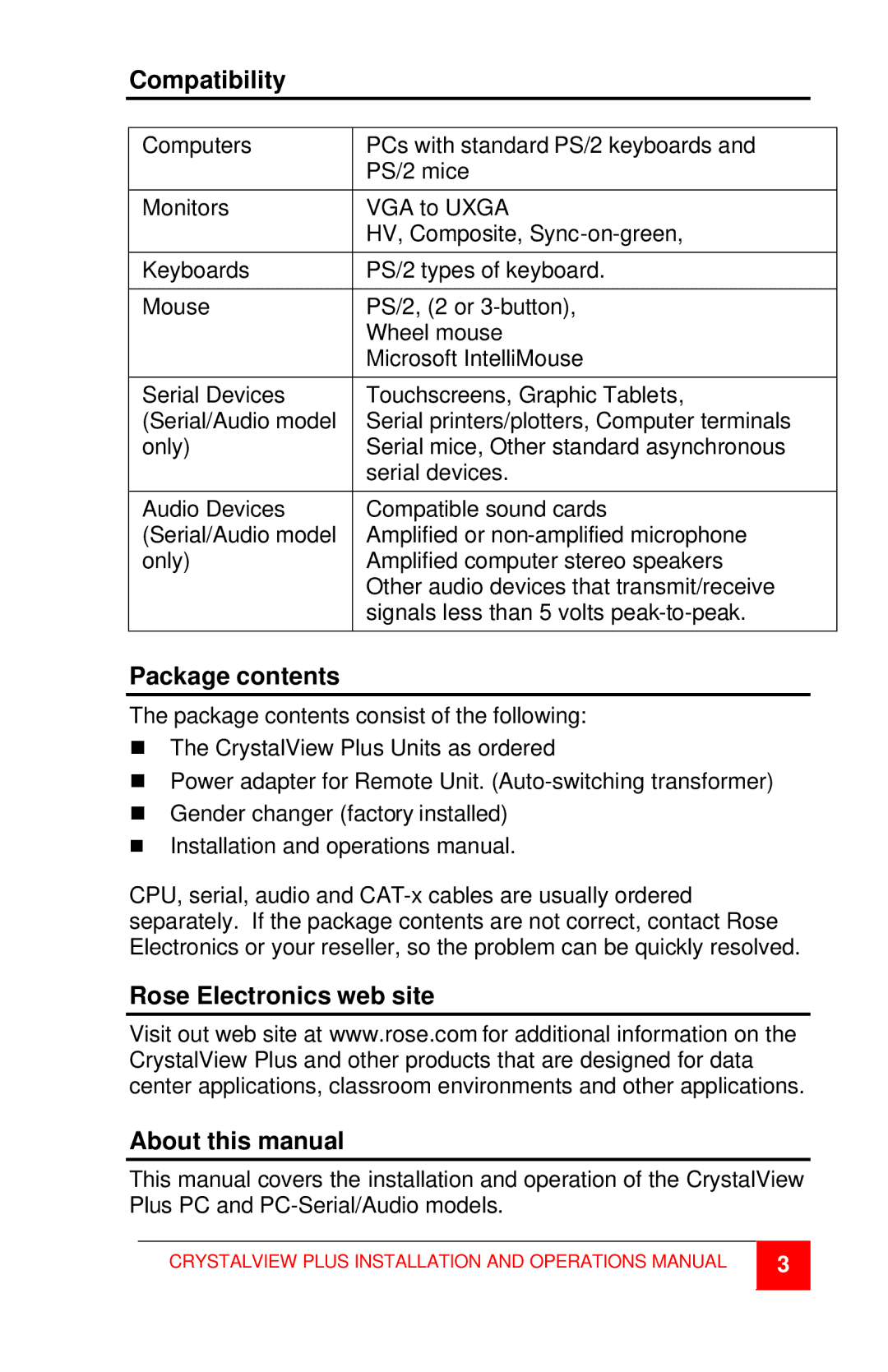 Rose electronic CrystalView Plus Compatibility, Package contents, Rose Electronics web site About this manual 