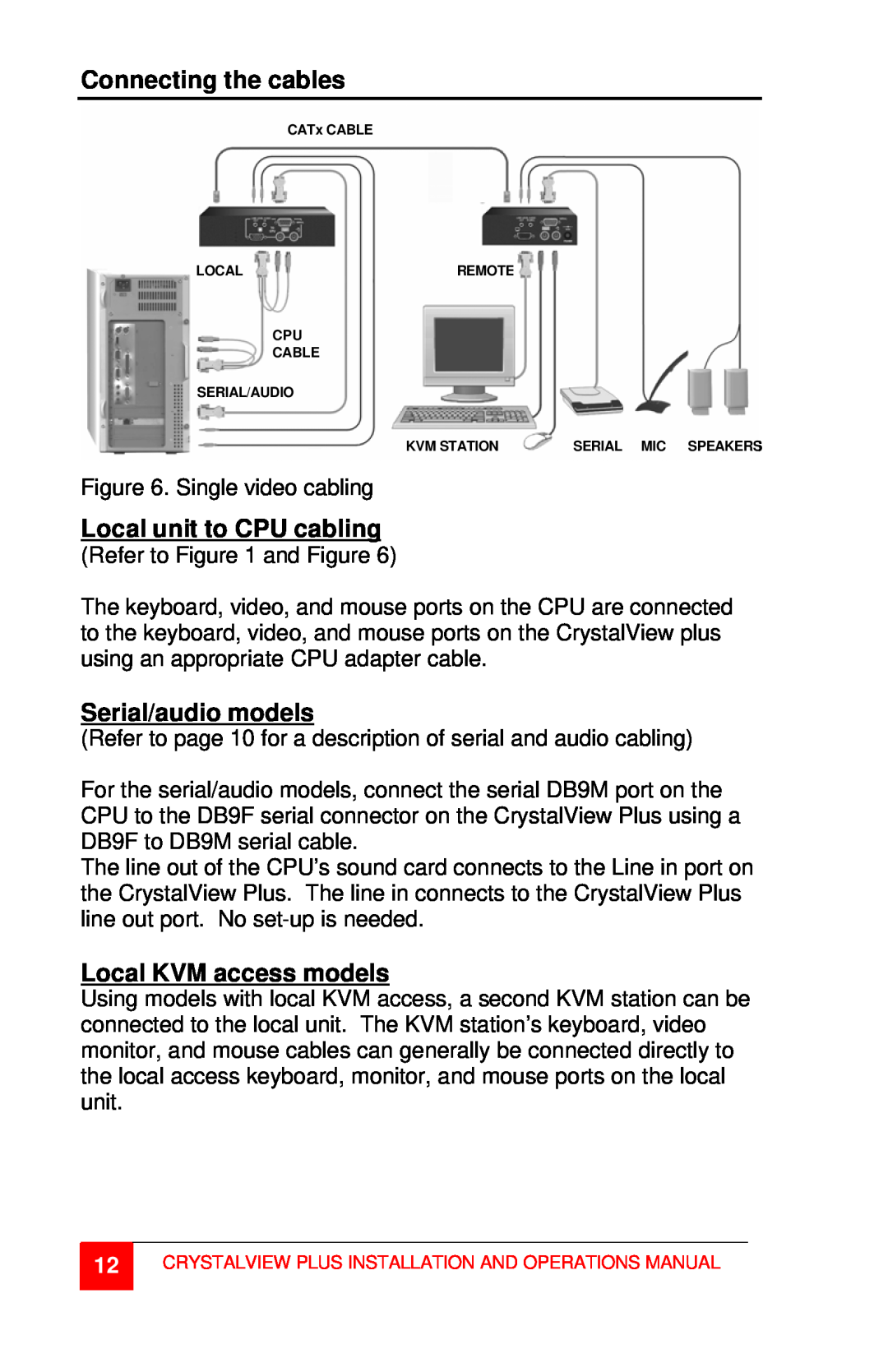 Rose electronic CrystalView Plus manual Connecting the cables, Local unit to CPU cabling, Serial/audio models 