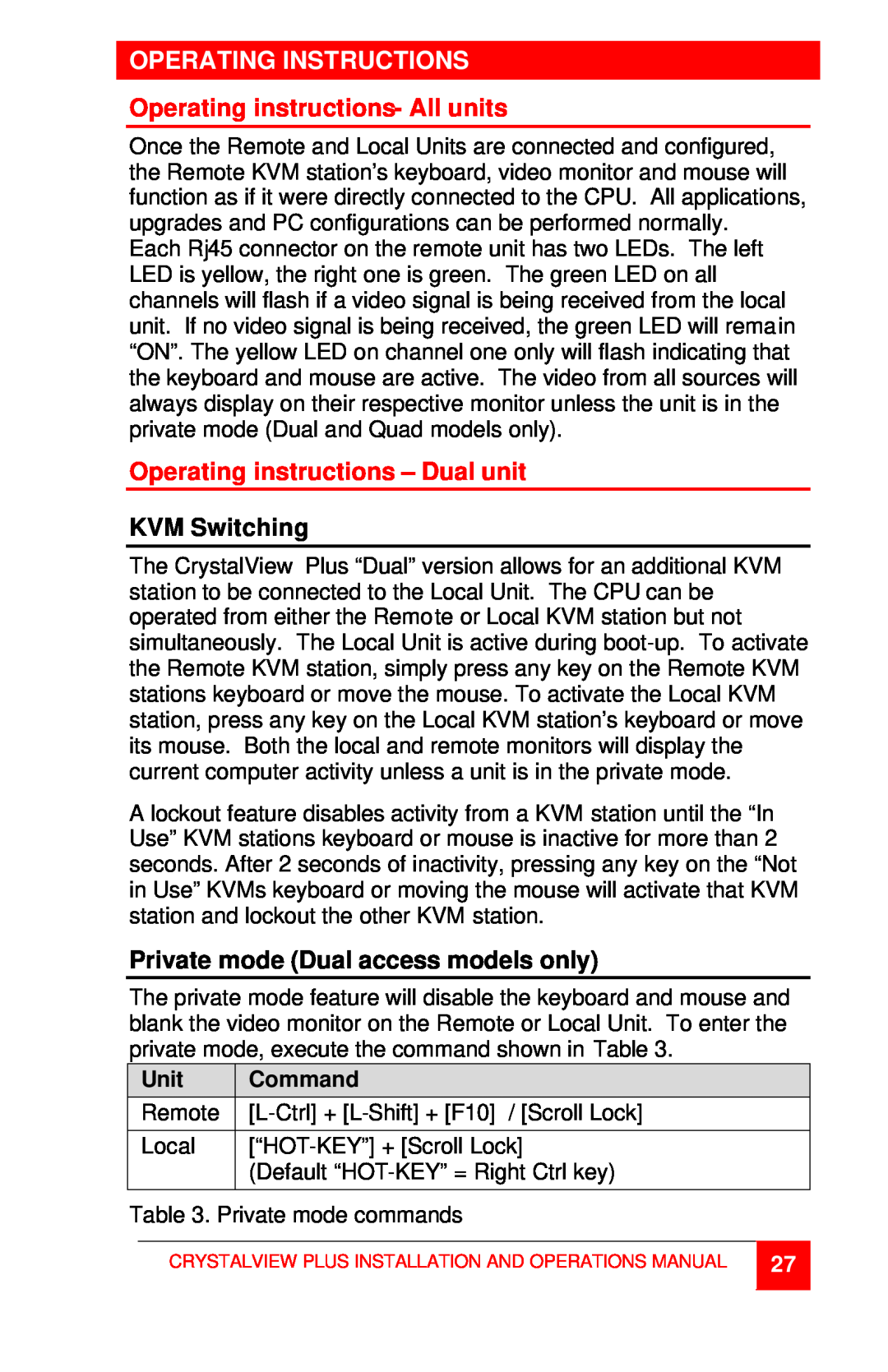 Rose electronic CrystalView Plus Operating Instructions, Operating instructions- All units, KVM Switching, Unit, Command 